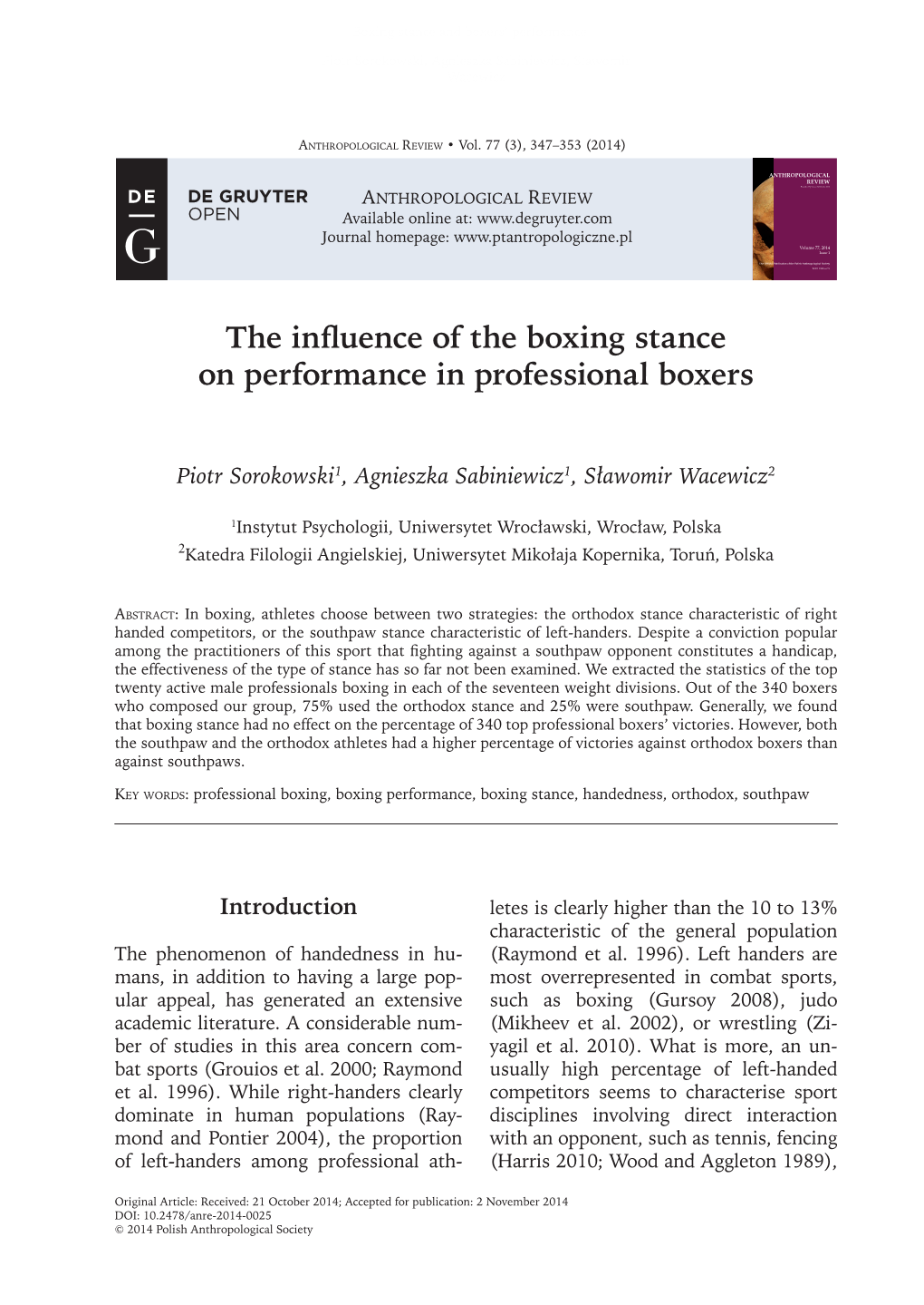 The Influence of the Boxing Stance on Performance in Professional Boxers