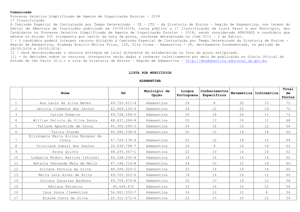 Comunicado Processo Seletivo Simplificado De Agente De