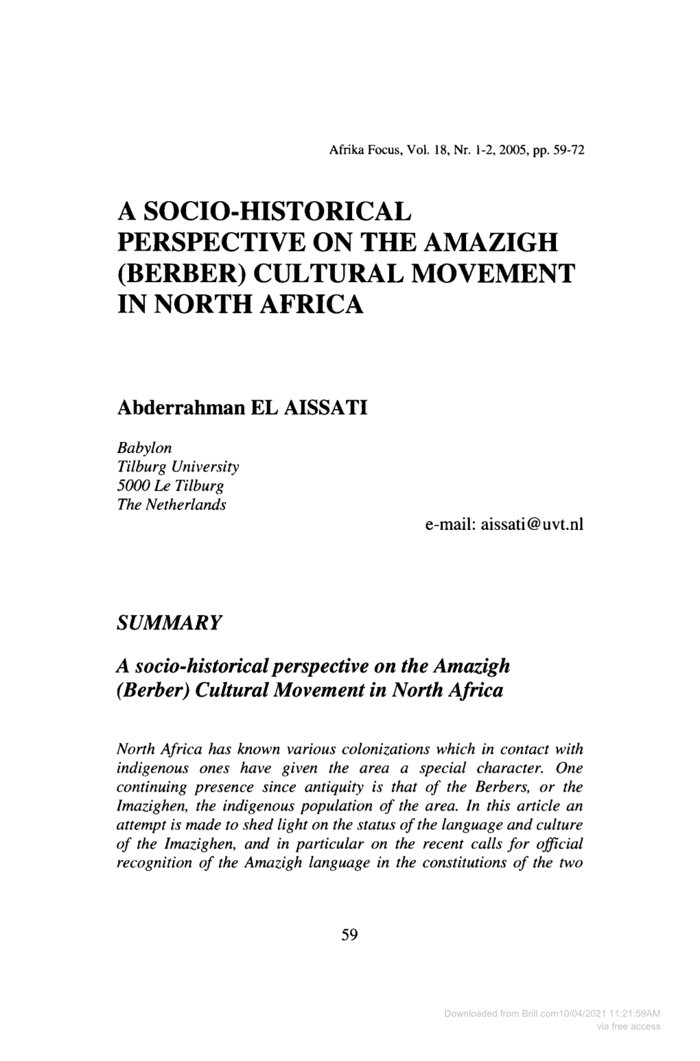 A Socio-Historical Perspective on the Amazigh (Berber) Cultural Movement in North Africa