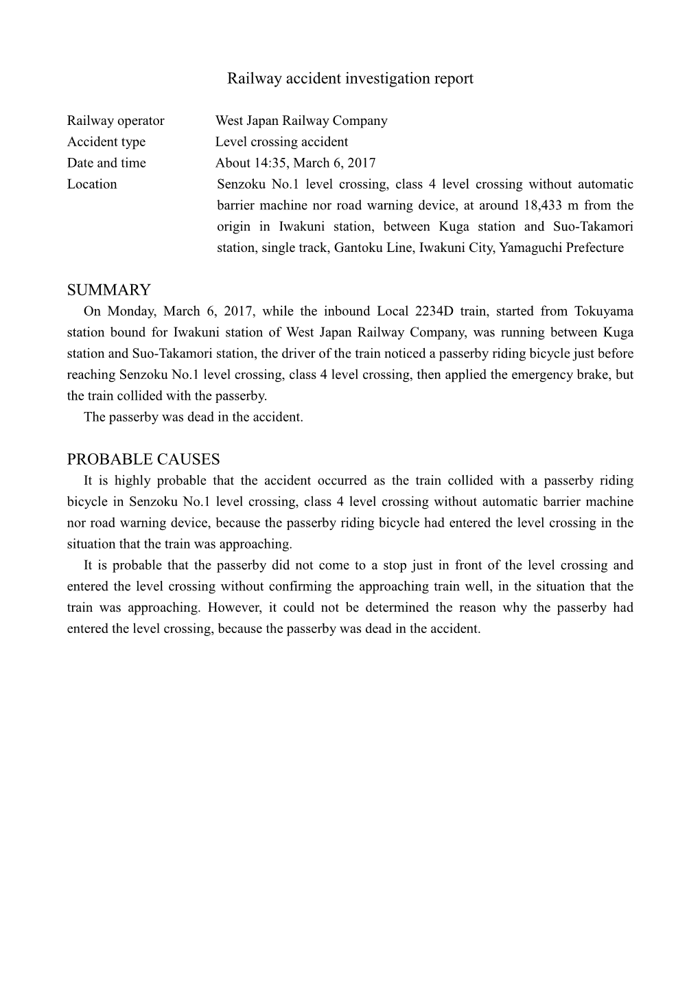 Railway Accident Investigation Report SUMMARY PROBABLE CAUSES