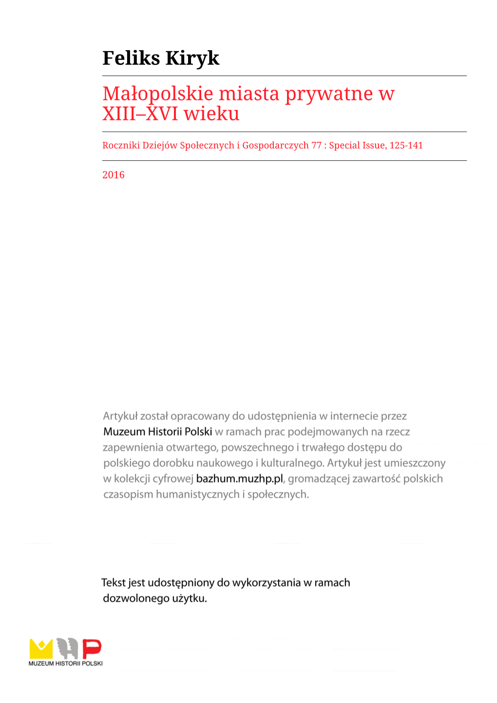 Feliks Kiryk Małopolskie Miasta Prywatne W XIII–XVI Wieku