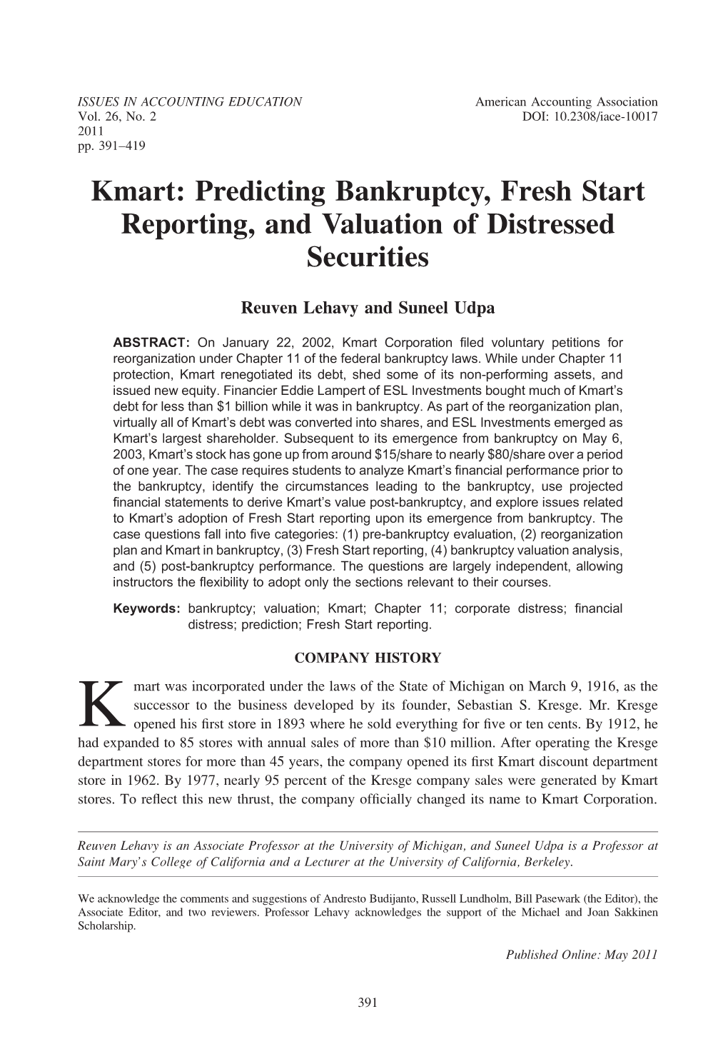 Kmart: Predicting Bankruptcy, Fresh Start Reporting, and Valuation of Distressed Securities