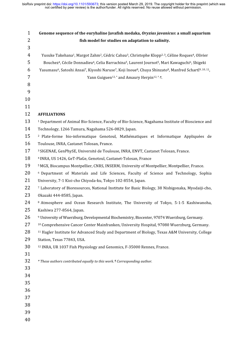 Genome Sequence of the Euryhaline Javafish Medaka, Oryzias Javanicus: a Small Aquarium 2 Fish Model for Studies on Adaptation to Salinity