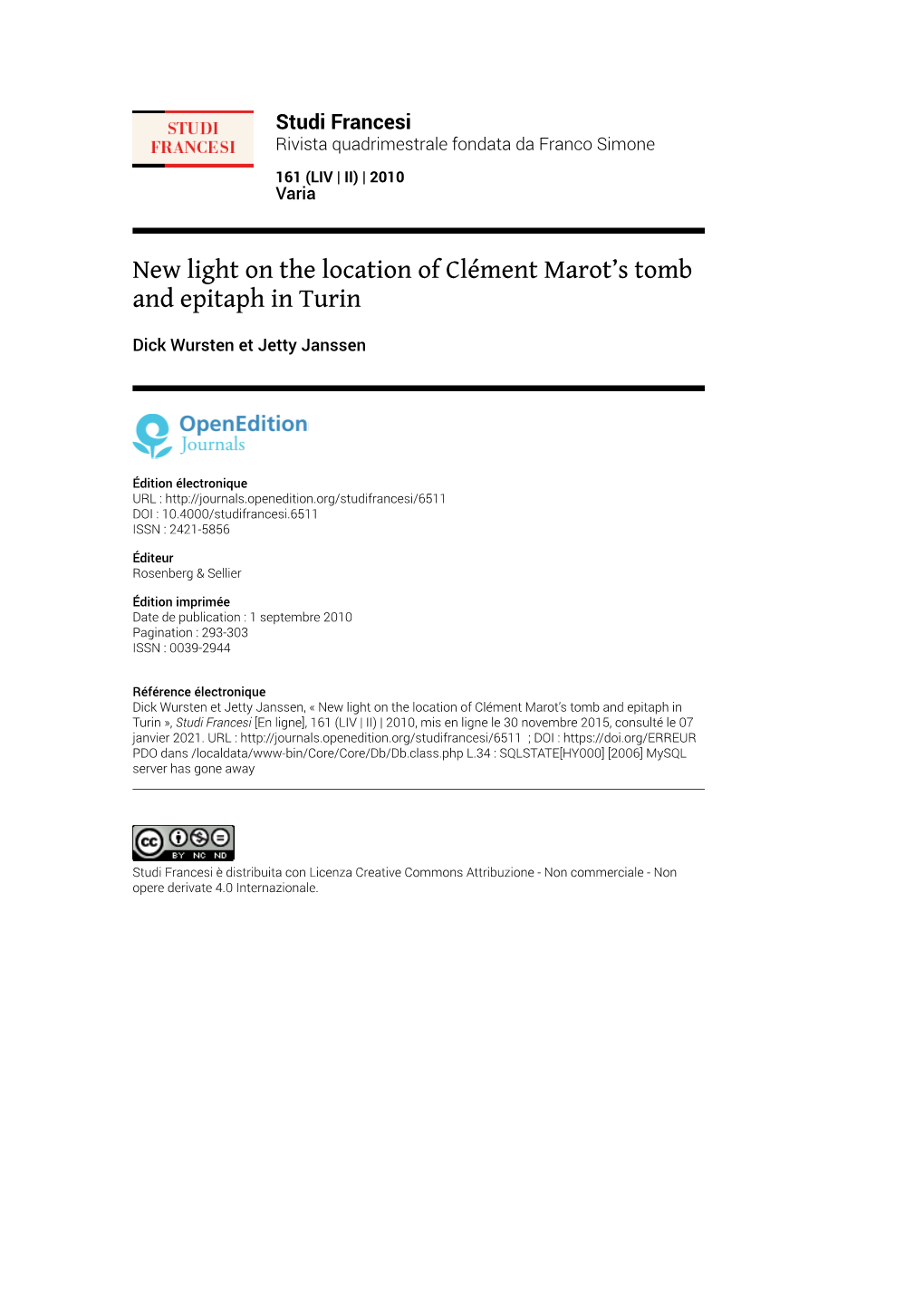 New Light on the Location of Clément Marot's Tomb and Epitaph in Turin