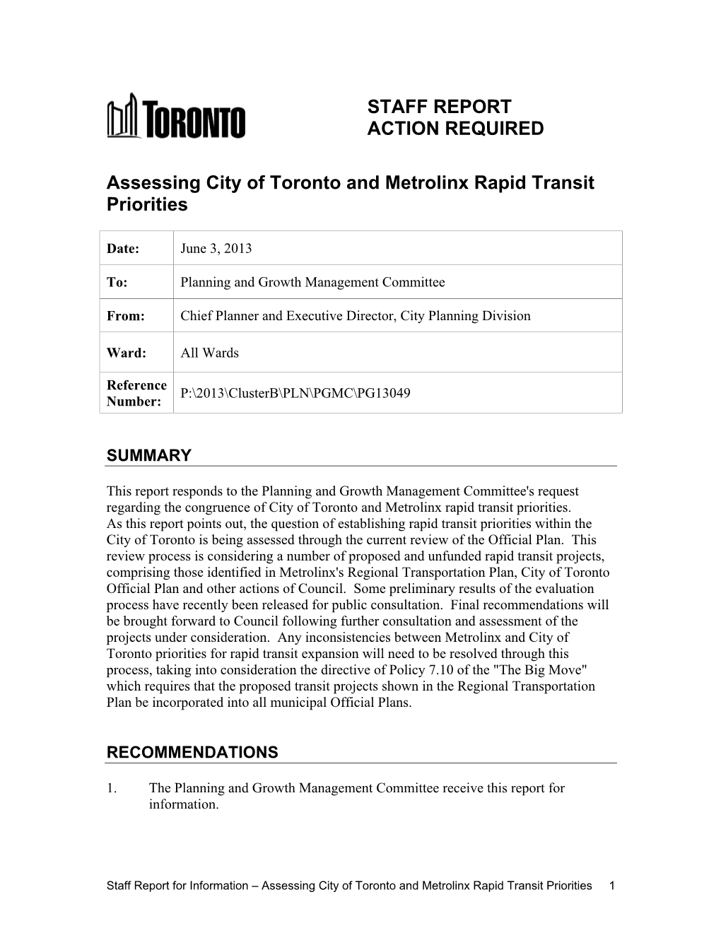 STAFF REPORT ACTION REQUIRED Assessing City of Toronto And