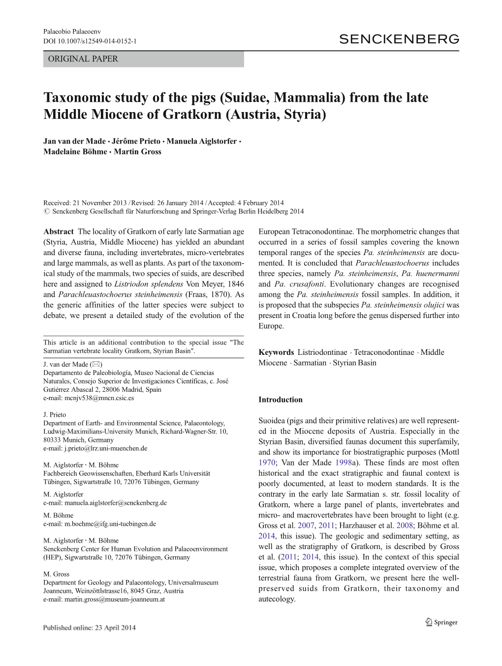 Taxonomic Study of the Pigs (Suidae, Mammalia) from the Late Middle Miocene of Gratkorn (Austria, Styria)