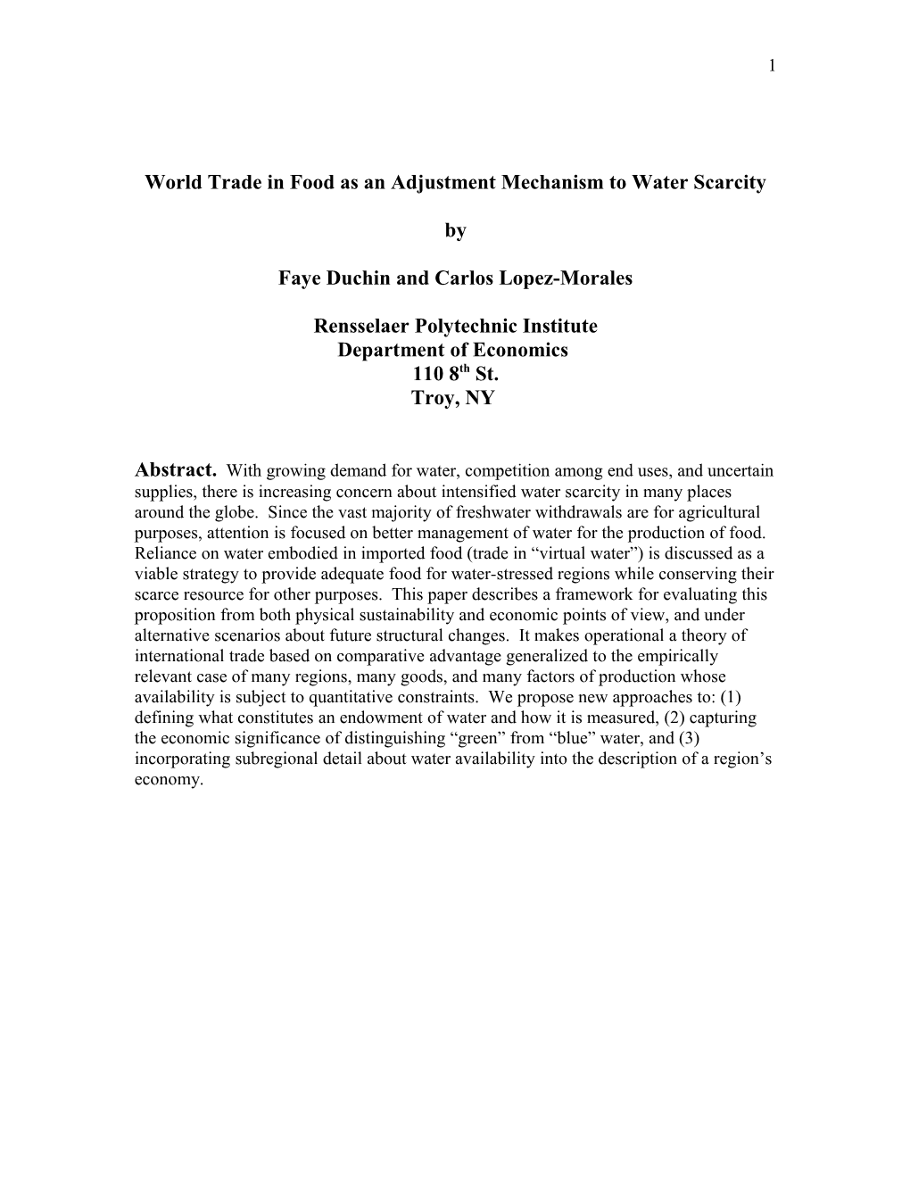 World Trade in Food As an Adjustment Mechanism to Water Scarcity