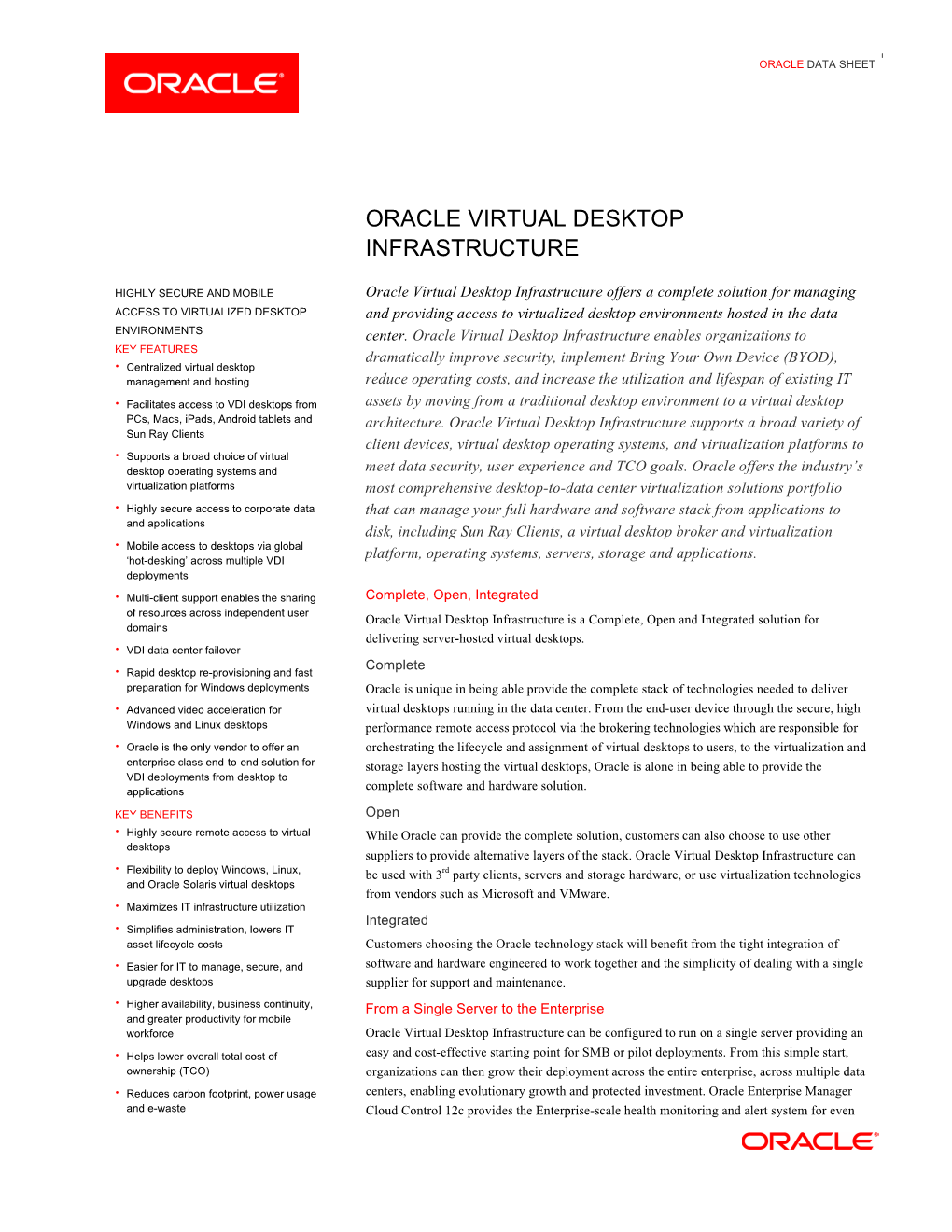 Oracle Virtual Desktop Infrastructure Data Sheet