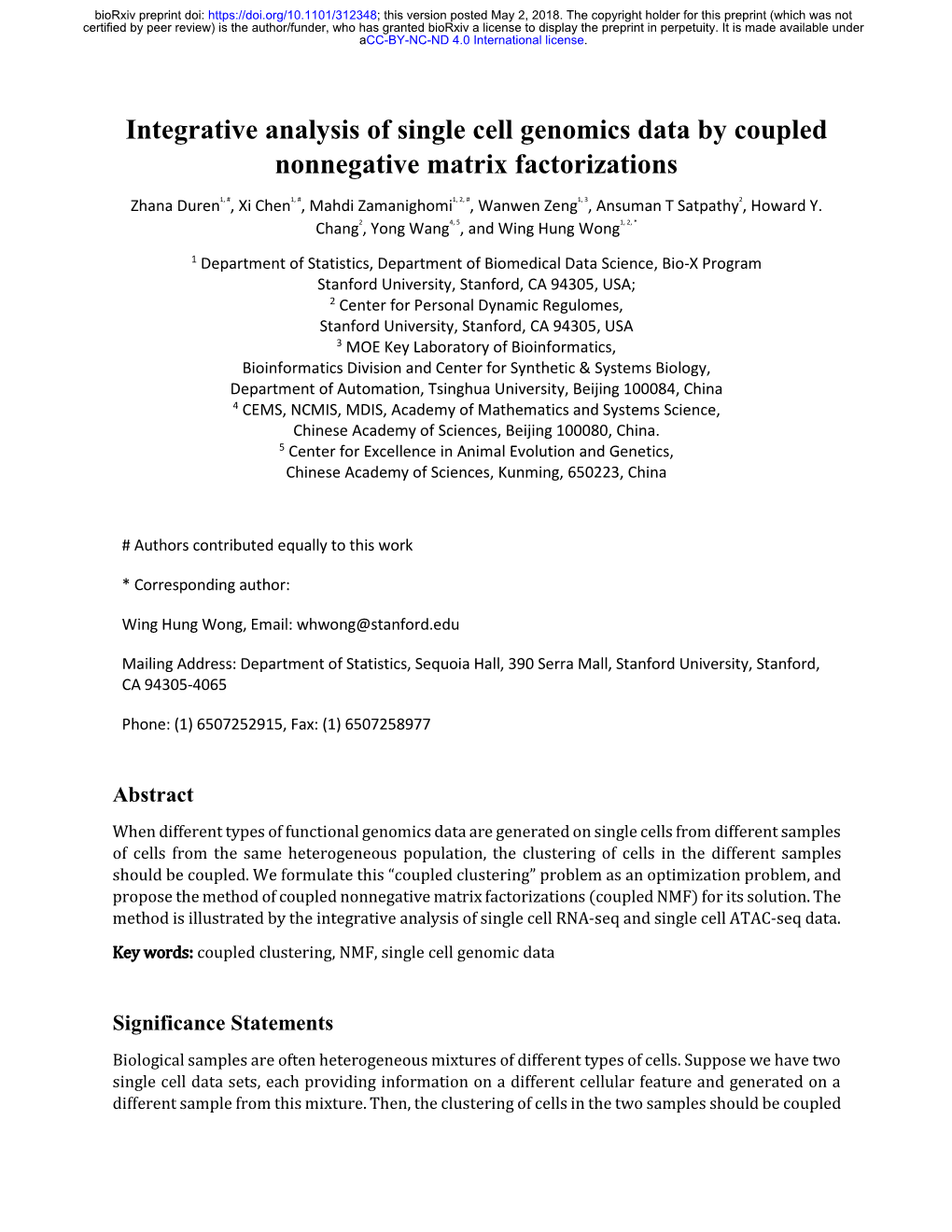 Integrative Analysis of Single Cell Genomics Data by Coupled