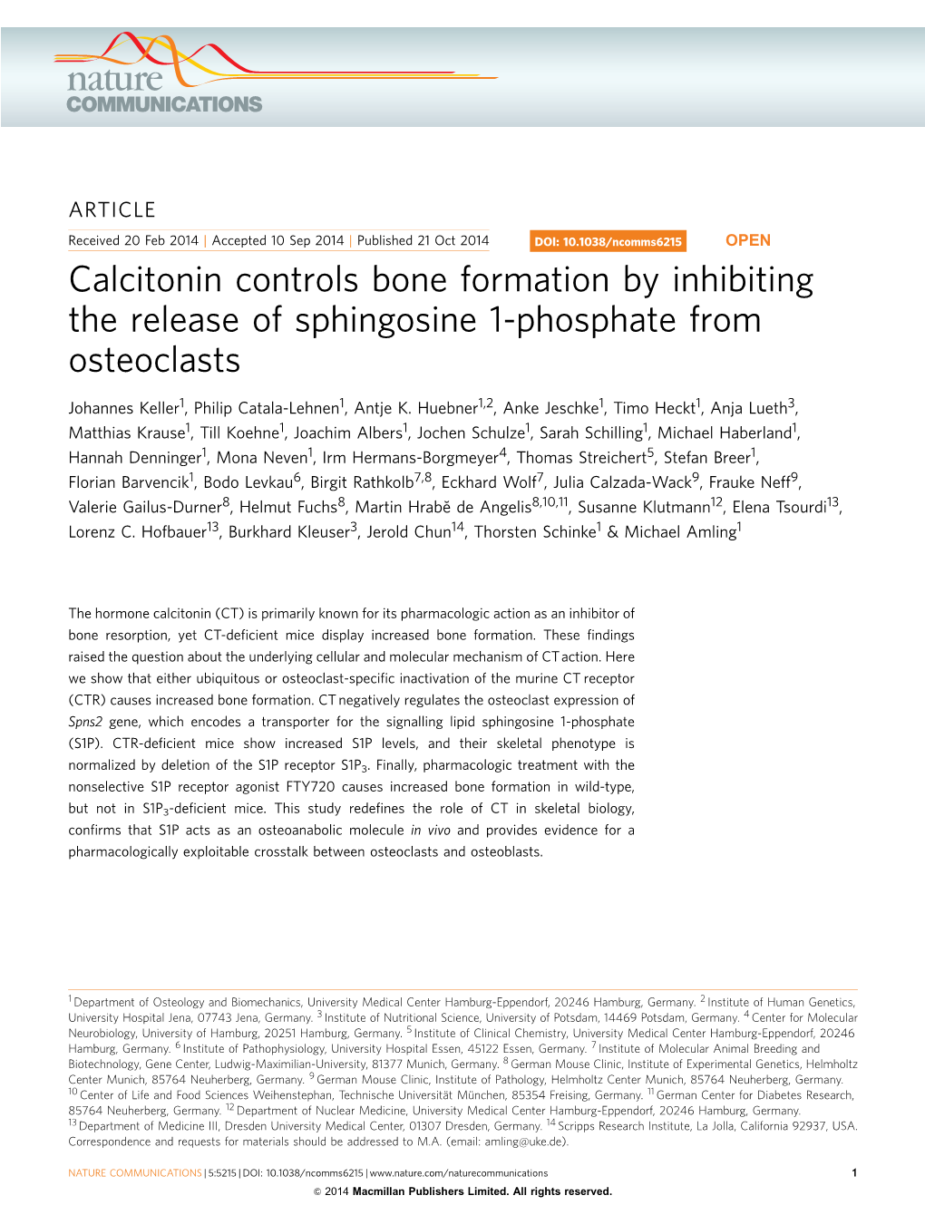 Calcitonin Controls Bone Formation by Inhibiting the Release of Sphingosine 1-Phosphate from Osteoclasts