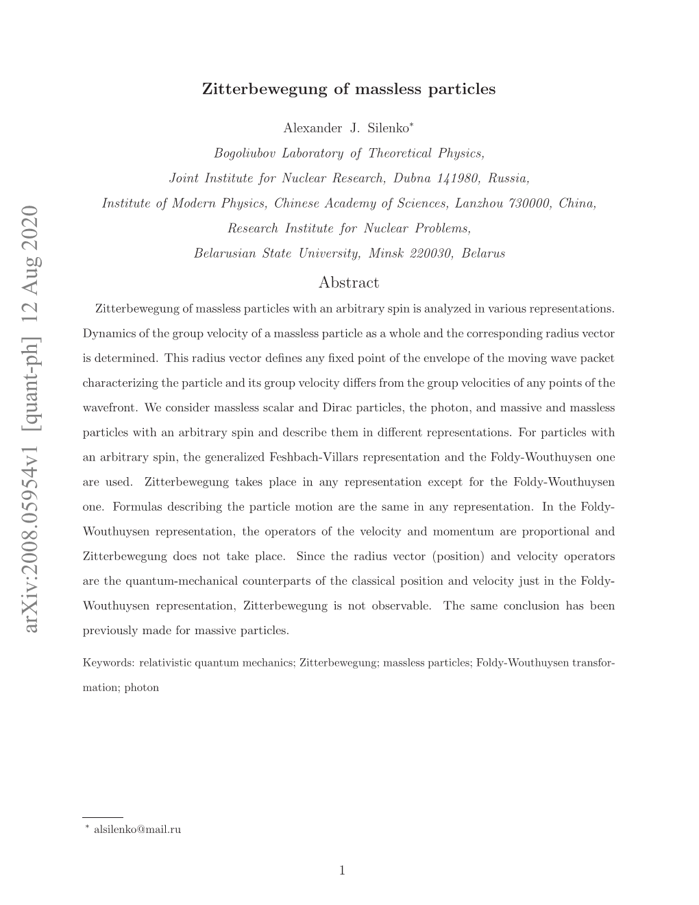 Arxiv:2008.05954V1 [Quant-Ph] 12 Aug 2020 Ain Photon Mation; Mass Zitterbewegung; Mechanics; Quantum Relativistic Keywords: Particles