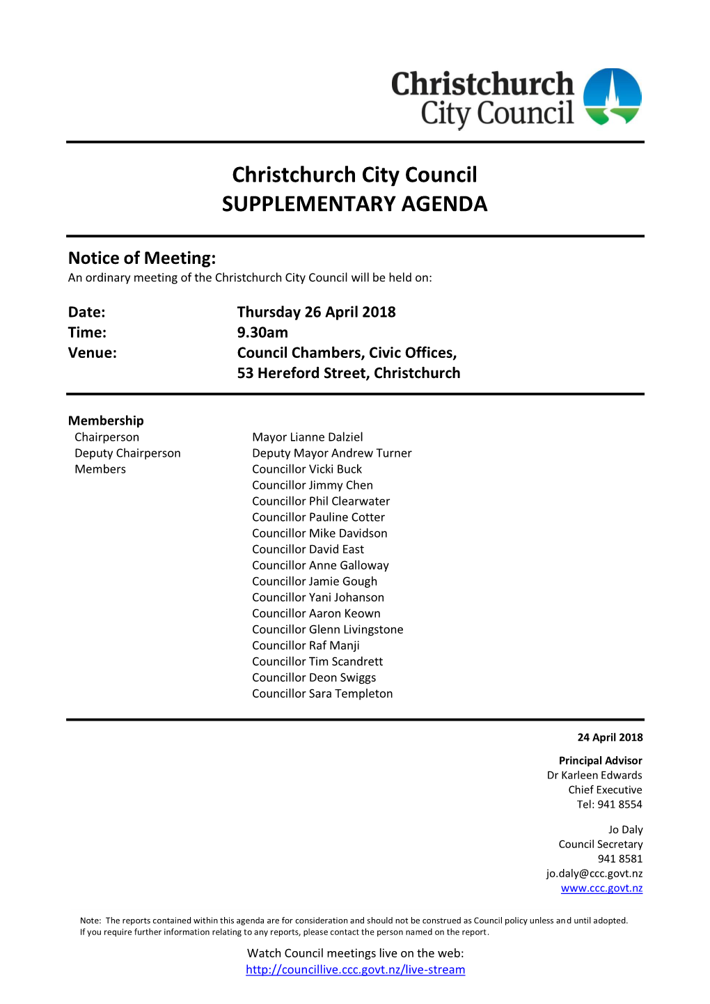 Supplementary Agenda of Council