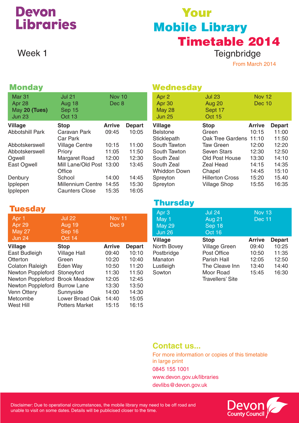 Your Mobile Library Timetable 2014 Week 1 Teignbridge from March 2014
