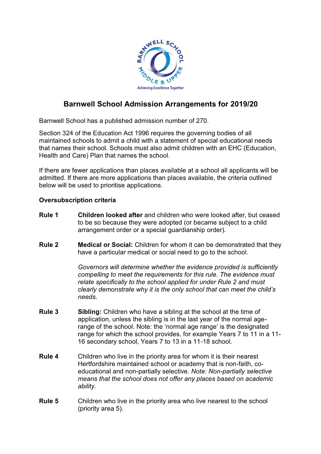Barnwell School Admission Arrangements for 2019/20