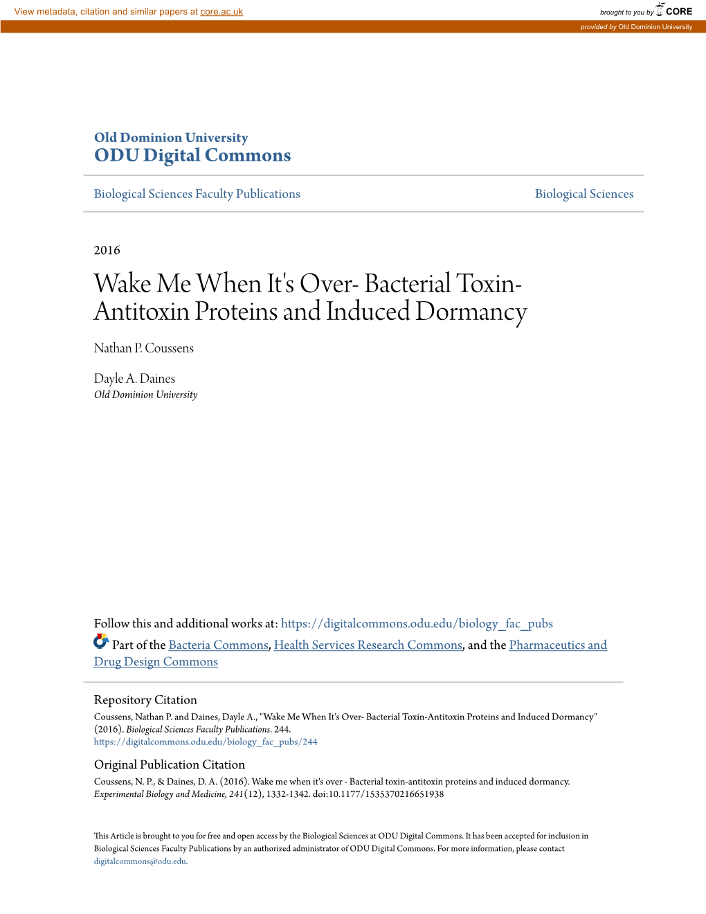 Bacterial Toxin-Antitoxin Proteins and Induced Dormancy" (2016)