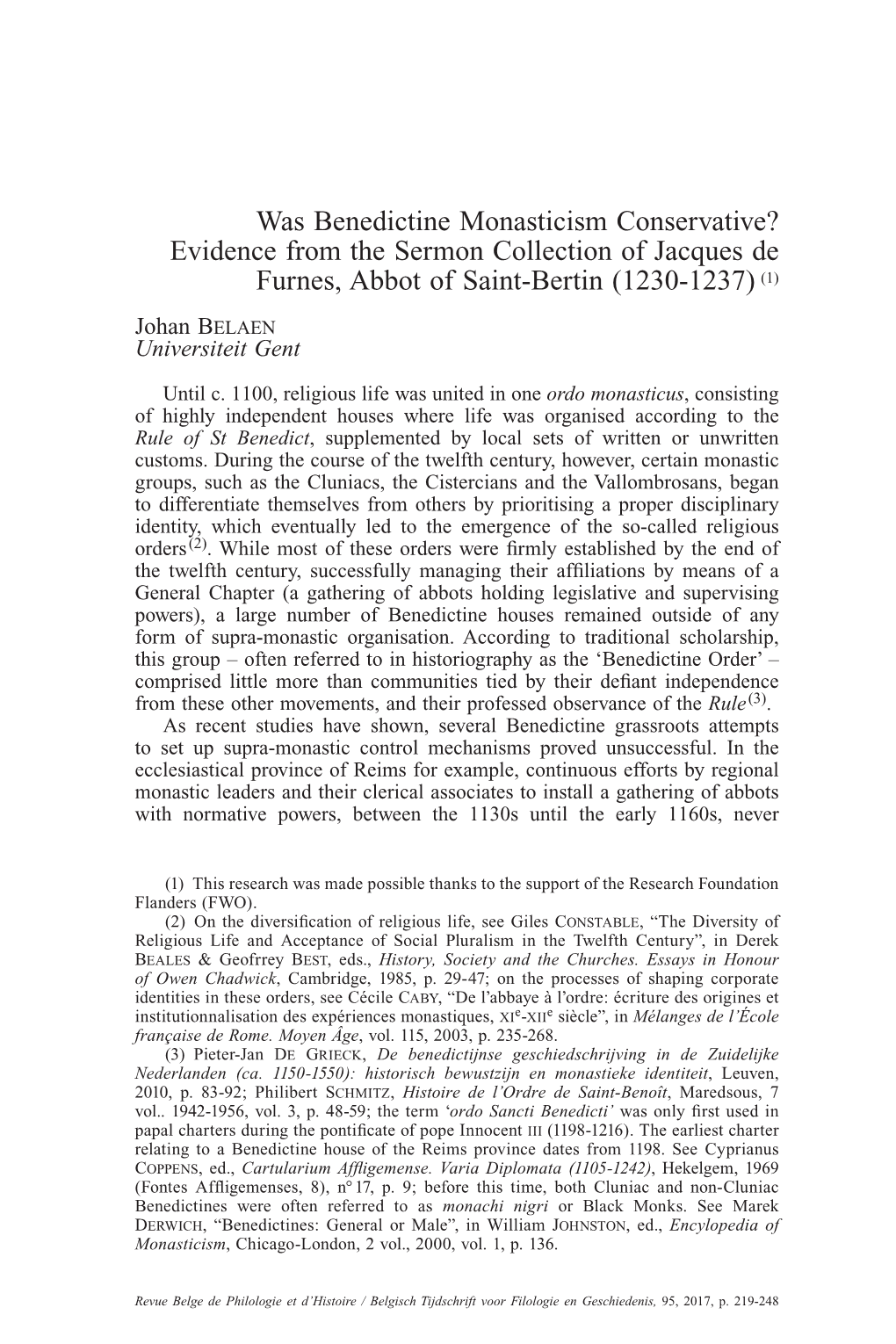 Was Benedictine Monasticism Conservative? Evidence from the Sermon Collection of Jacques De Furnes, Abbot of Saint-Bertin (1230-1237) (1)