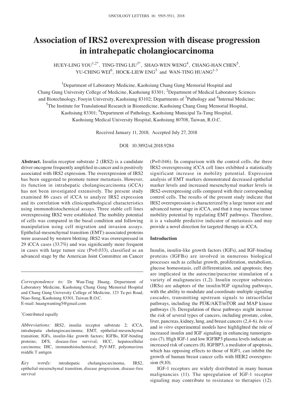 Association of IRS2 Overexpression with Disease Progression in Intrahepatic Cholangiocarcinoma