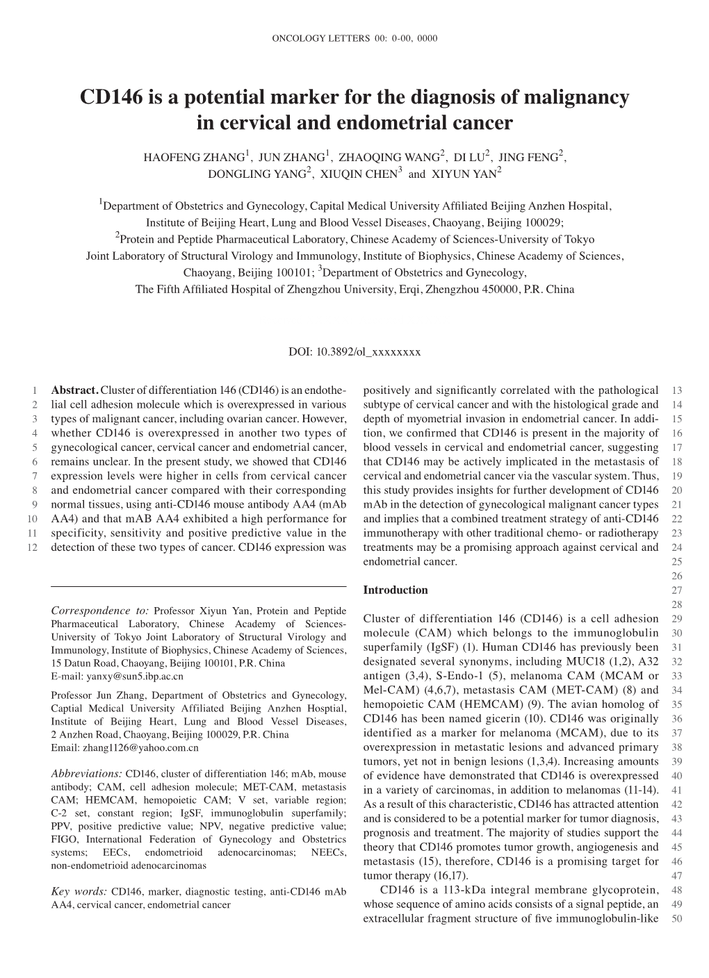 CD146 Is a Potential Marker for the Diagnosis of Malignancy in Cervical and Endometrial Cancer