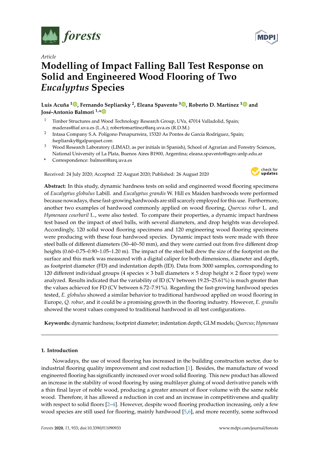 Modelling of Impact Falling Ball Test Response on Solid and Engineered Wood Flooring of Two Eucalyptus Species