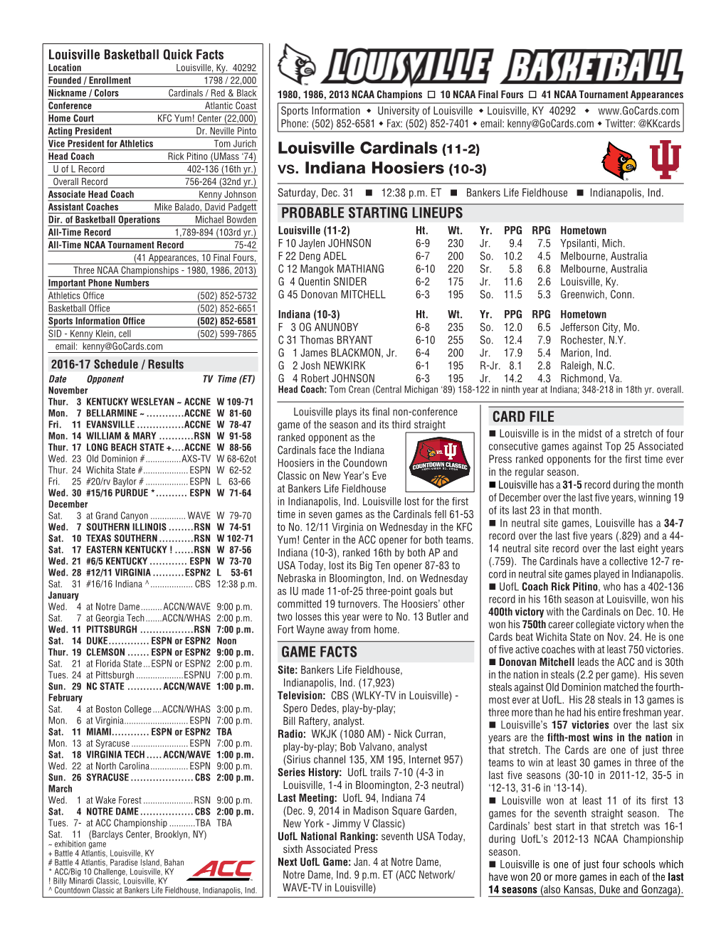 Louisville Cardinals (11-2) Vs. Indiana Hoosiers (10-3)