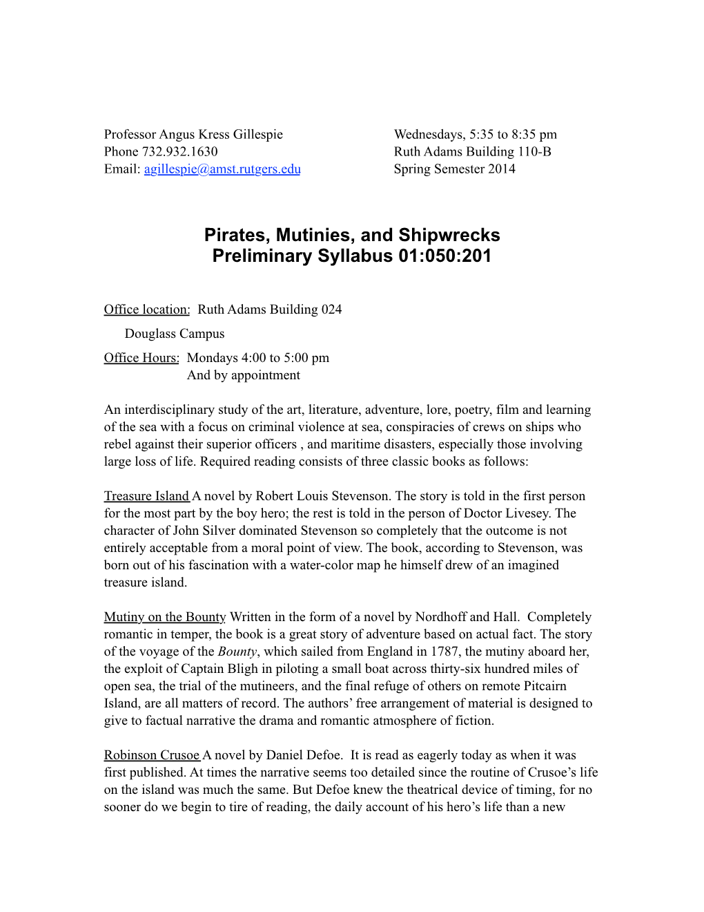 Syllabus, Pirates, Spring 2014