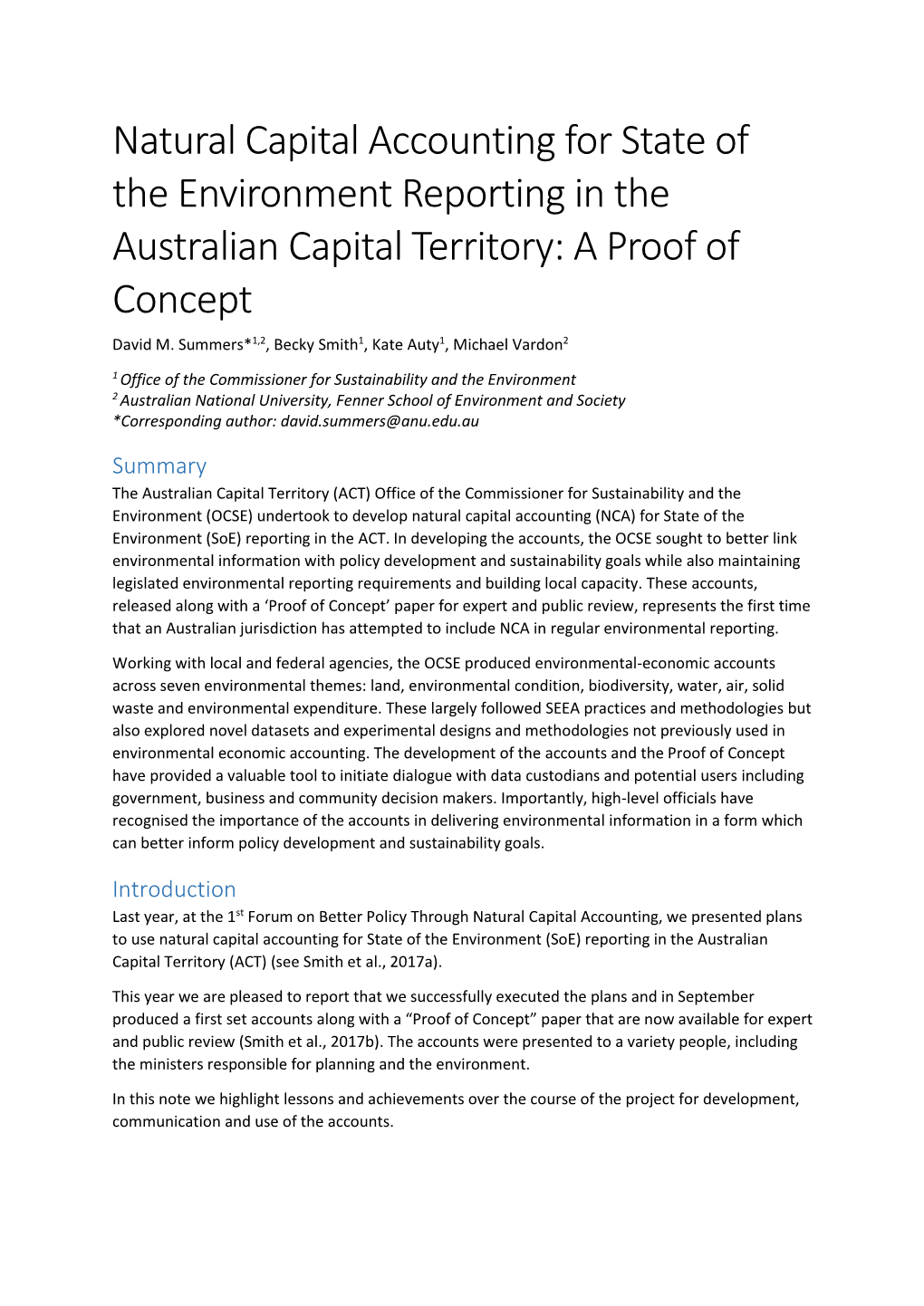 Natural Capital Accounting for State of the Environment Reporting in the Australian Capital Territory: a Proof of Concept David M