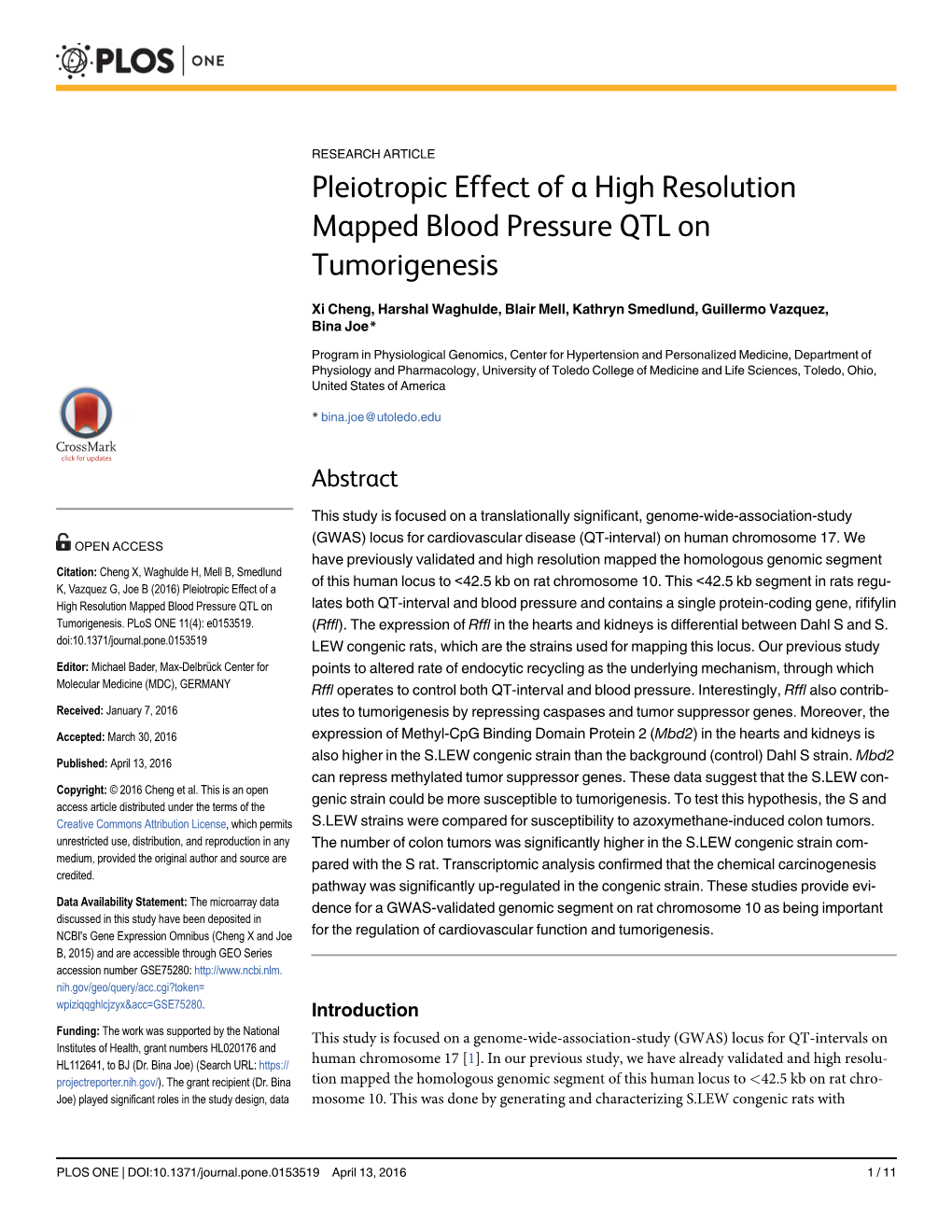 Pleiotropic Effect of a High Resolution Mapped Blood Pressure QTL on Tumorigenesis