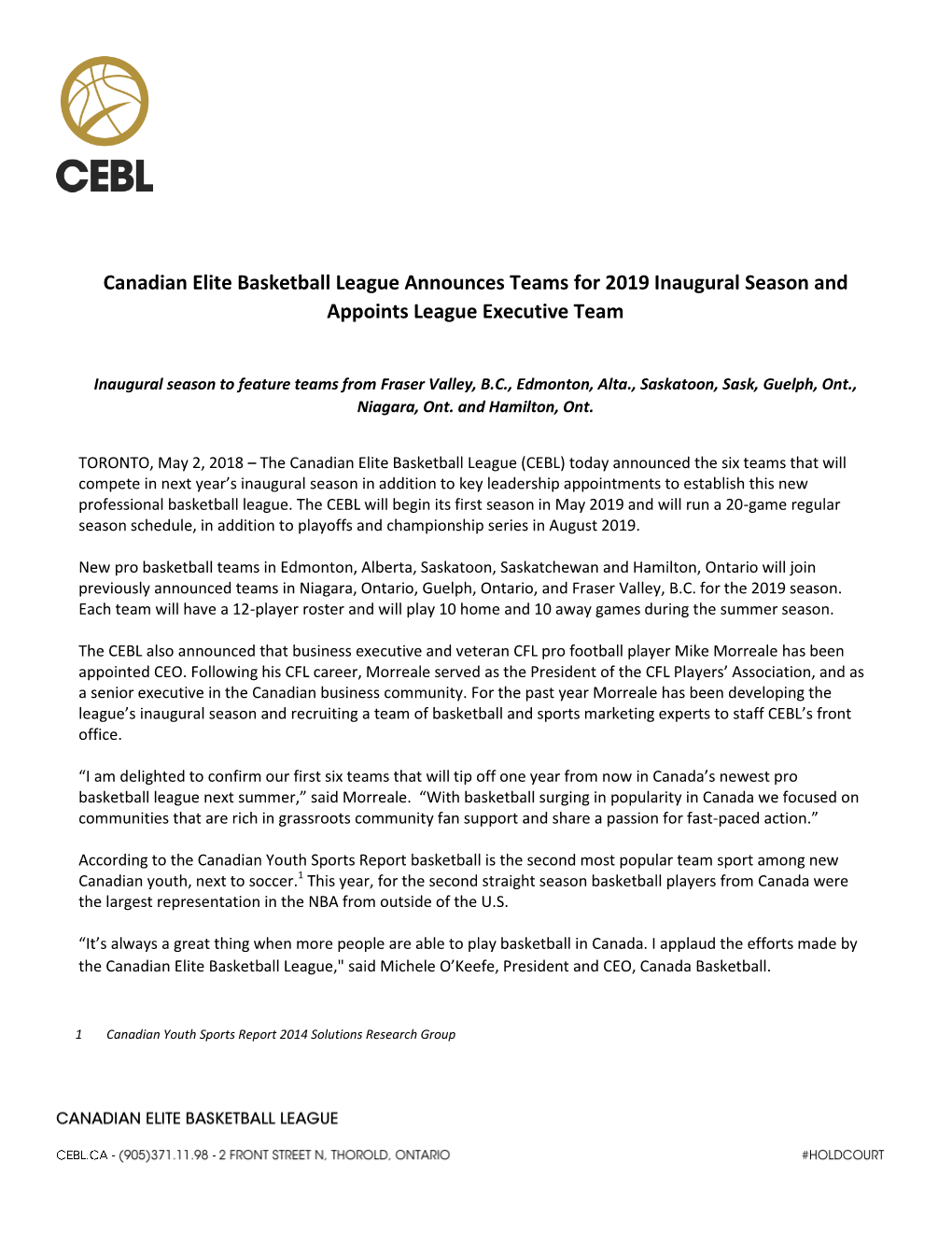 Canadian Elite Basketball League Announces Teams for 2019 Inaugural Season and Appoints League Executive Team