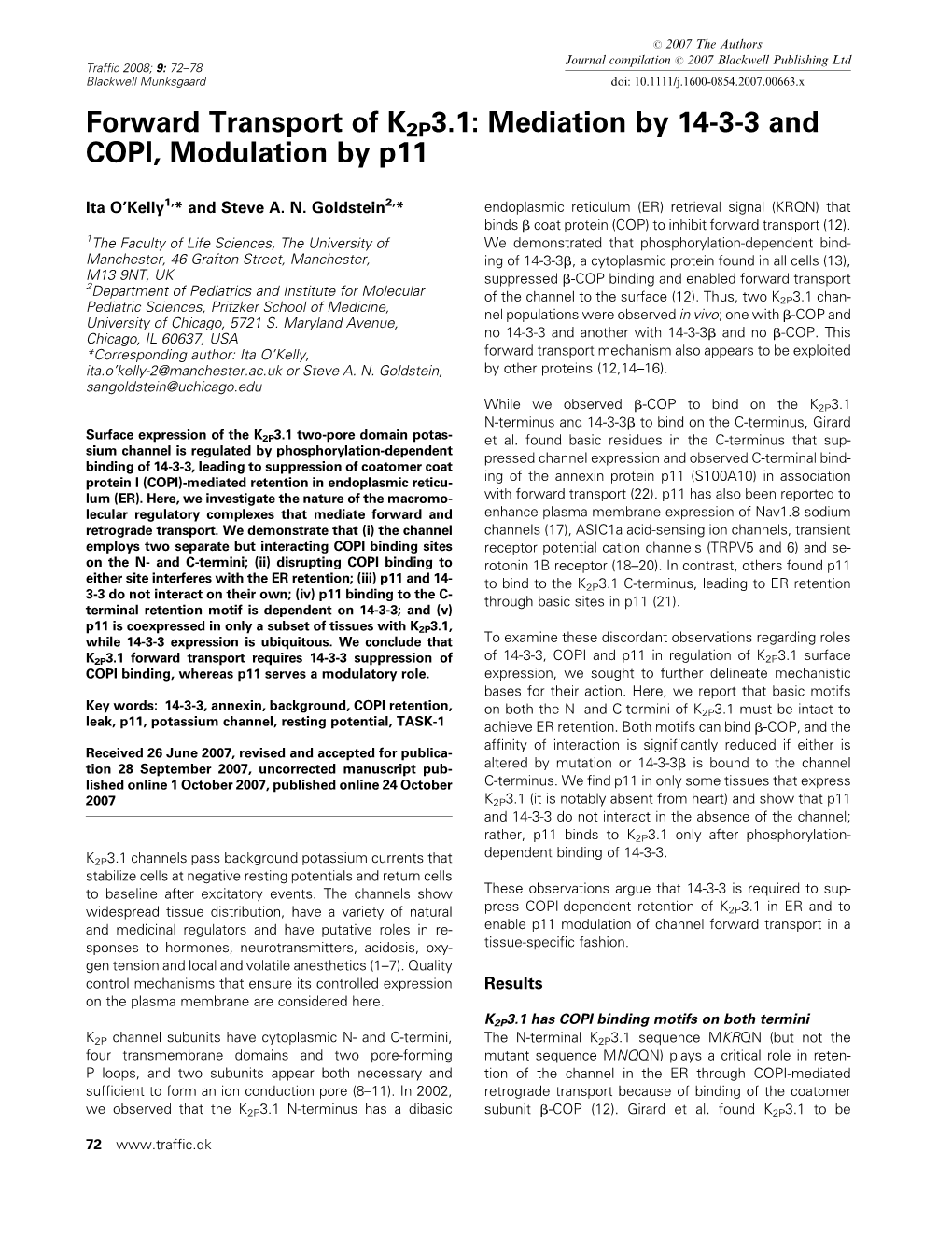 Forward Transport of K2P3.1: Mediation by 14-3-3 and COPI, Modulation by P11