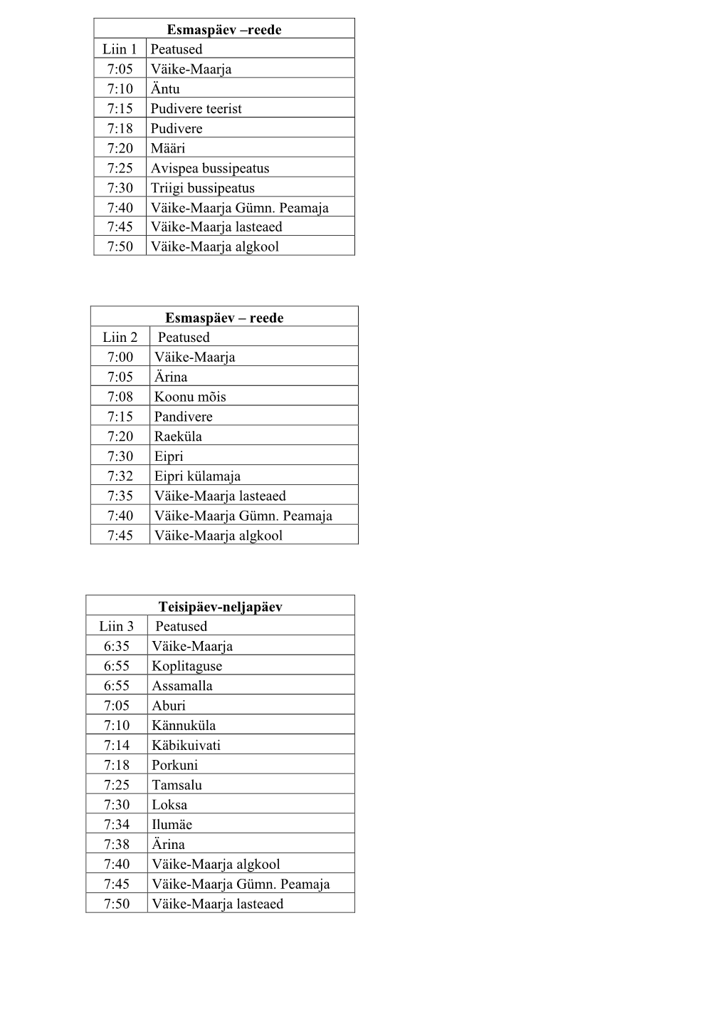 Esmaspäev –Reede Liin 1 Peatused 7:05 Väike-Maarja 7:10 Äntu 7:15