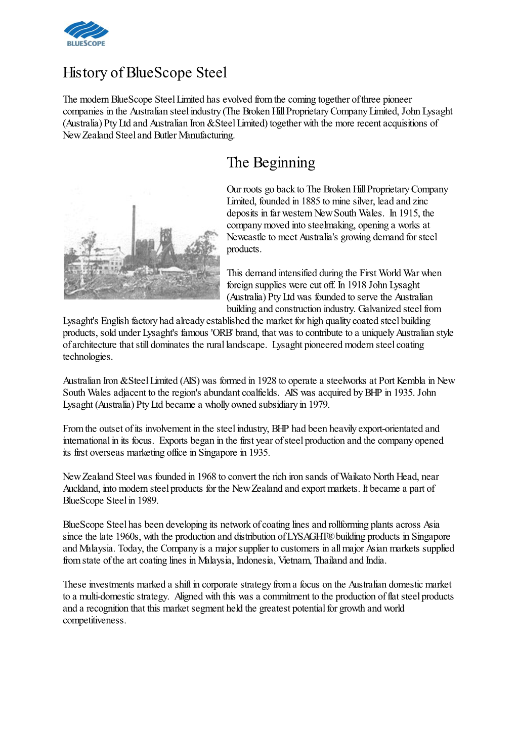 History of Bluescope Steel the Beginning