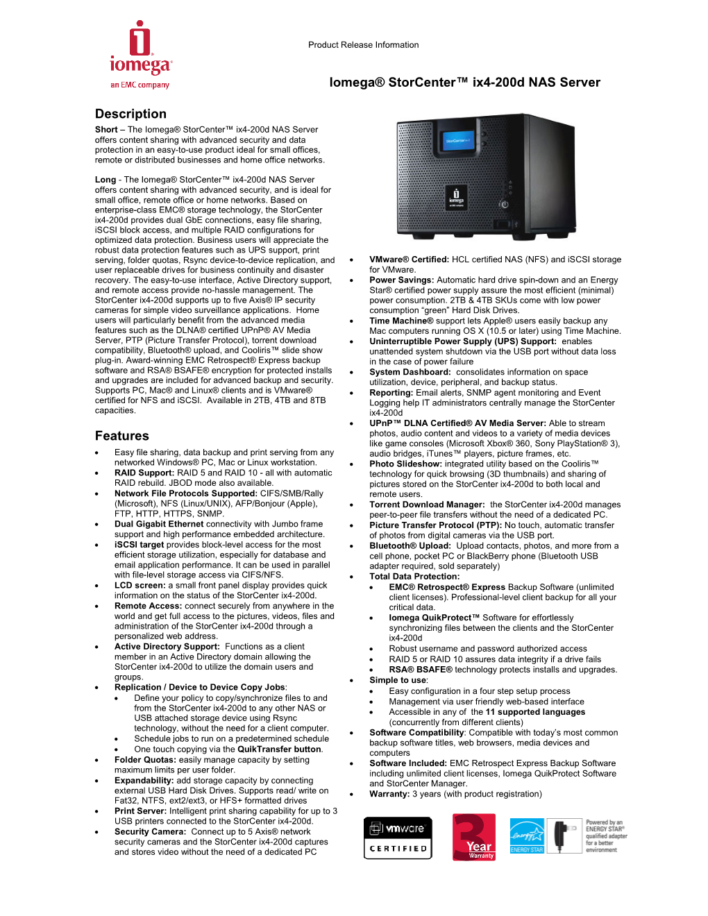 Iomega® Storcenter™ Ix4-200D NAS Server Description Features