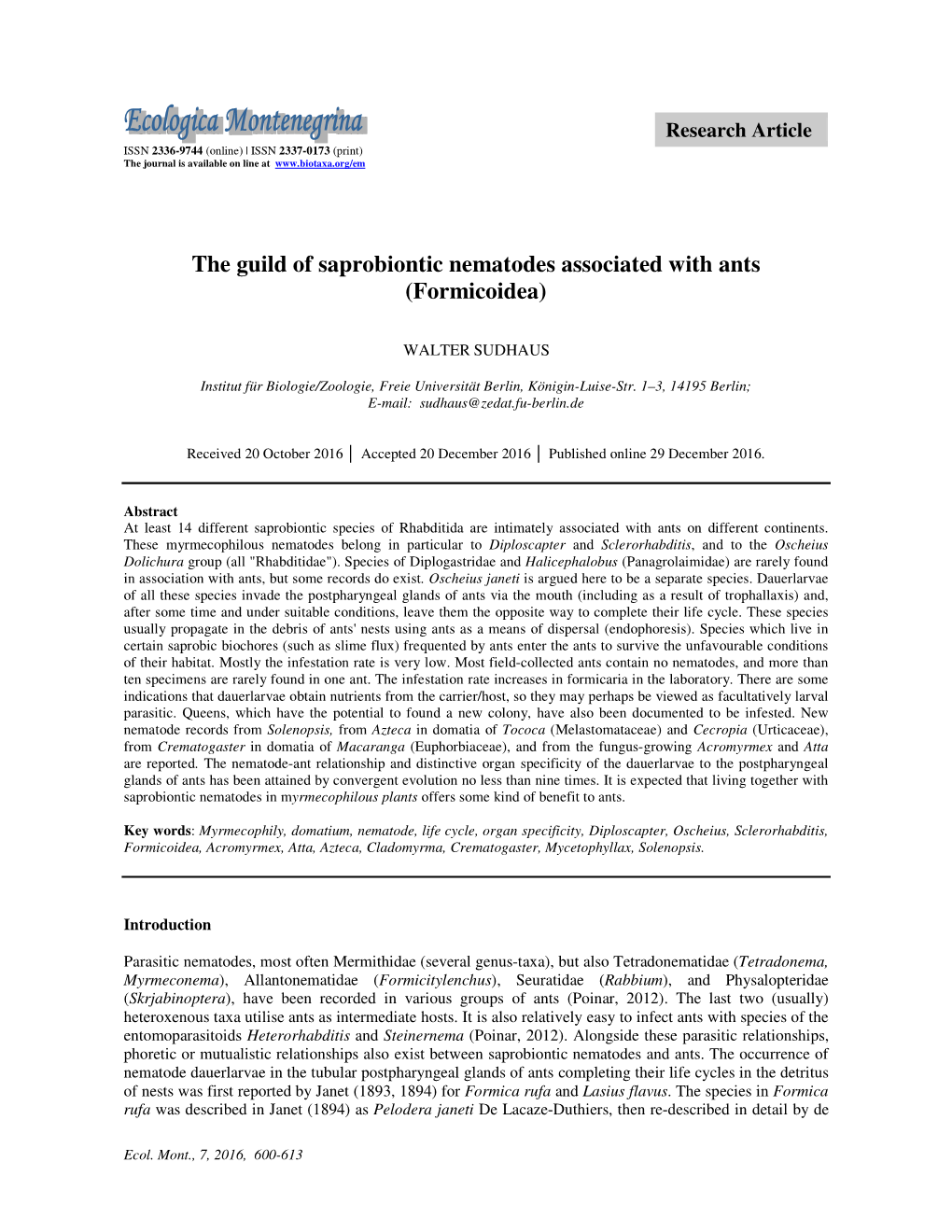 The Guild of Saprobiontic Nematodes Associated with Ants (Formicoidea)