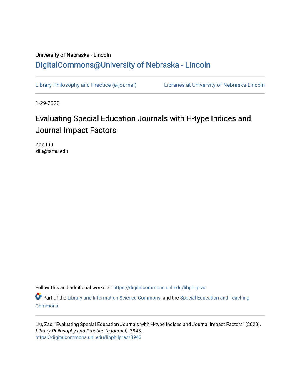 Evaluating Special Education Journals with H-Type Indices and Journal Impact Factors