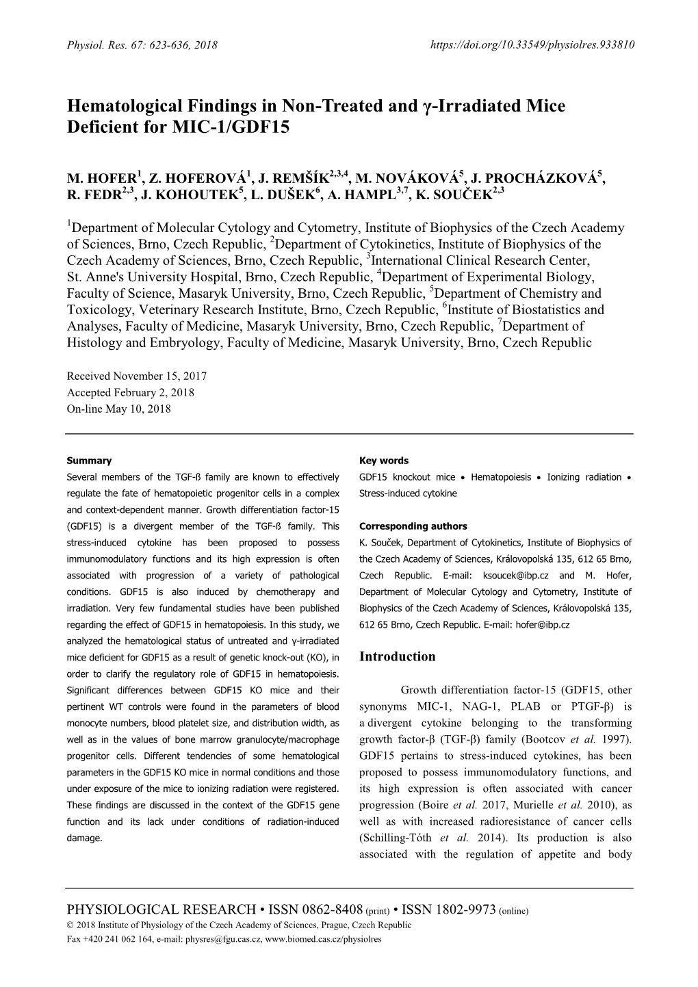 Hematological Findings in Non-Treated and Γ-Irradiated Mice Deficient for MIC-1/GDF15