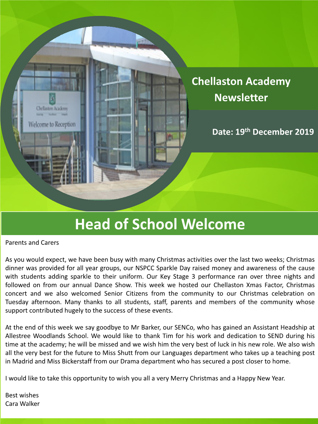 Head of School Welcome Parents and Carers