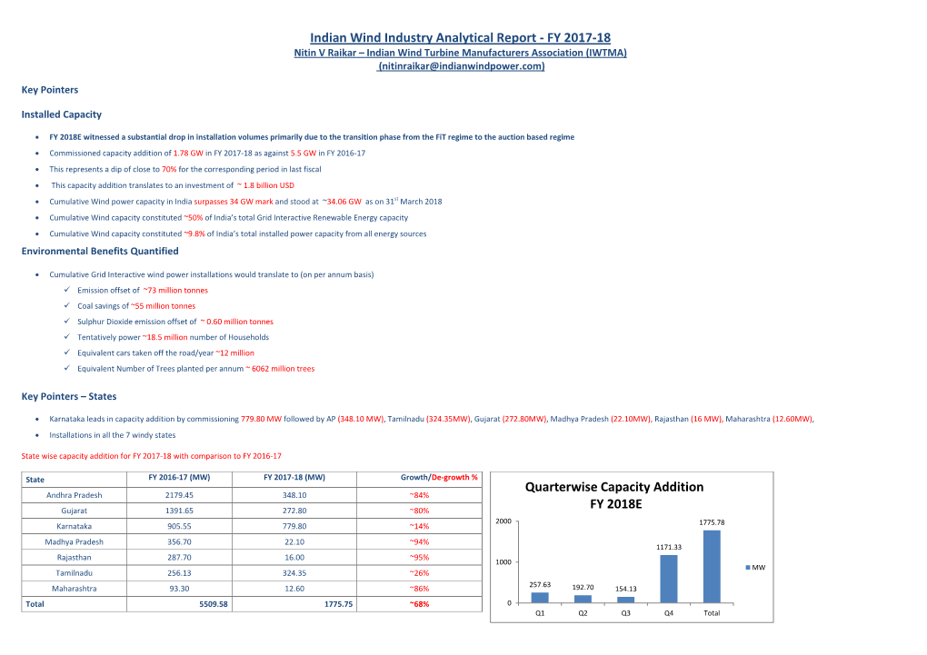 Indian Wind Industry Analytical Report - FY 2017-18 Nitin V Raikar – Indian Wind Turbine Manufacturers Association (IWTMA) (Nitinraikar@Indianwindpower.Com)