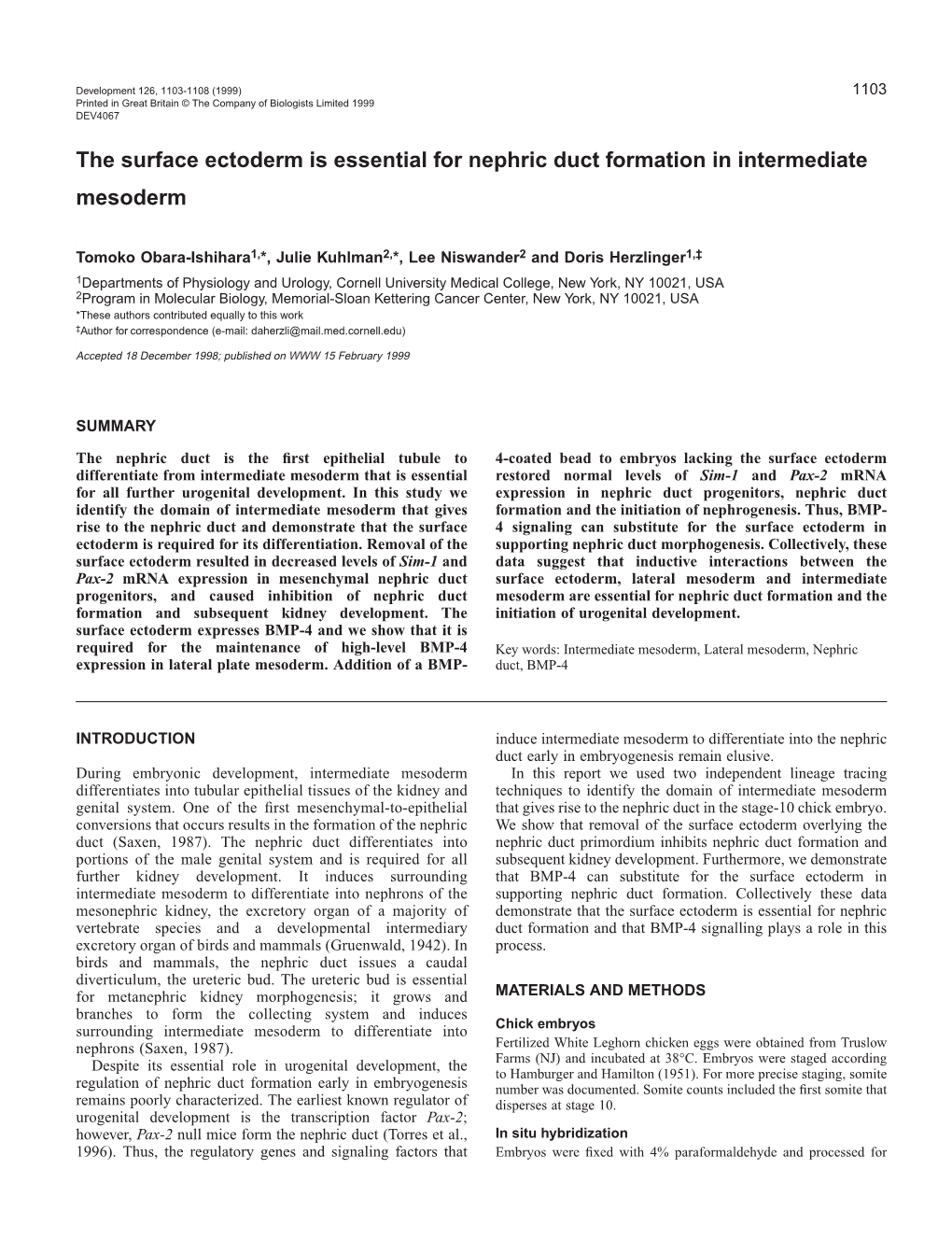 Nephric Duct Formation Is Dependent on the Surface Ectoderm