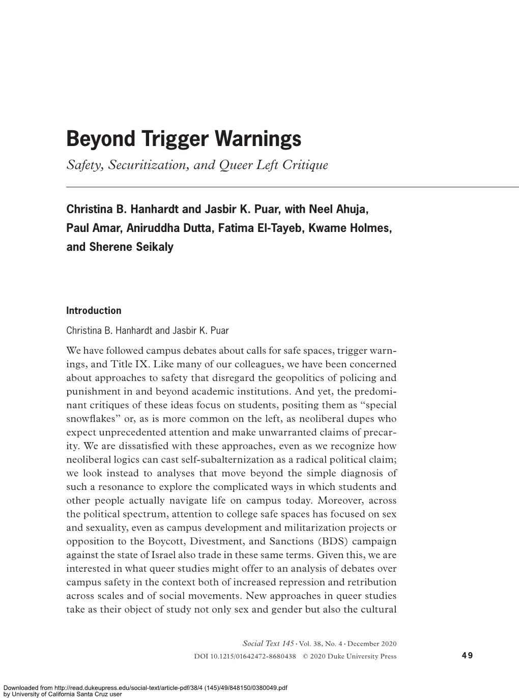 Beyond Trigger Warnings Safety, Securitization, and Queer Left Critique