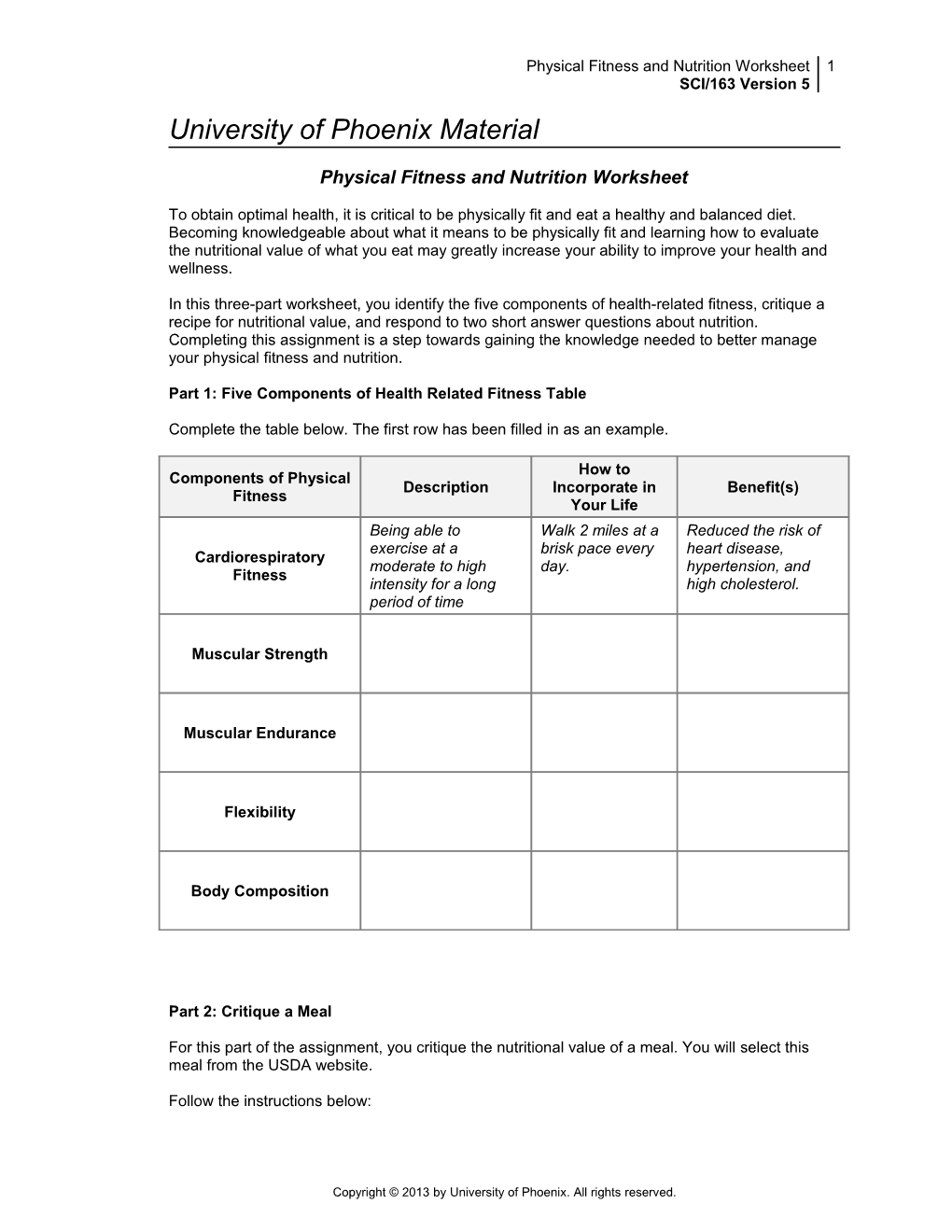 Physical Fitness and Nutrition Worksheet