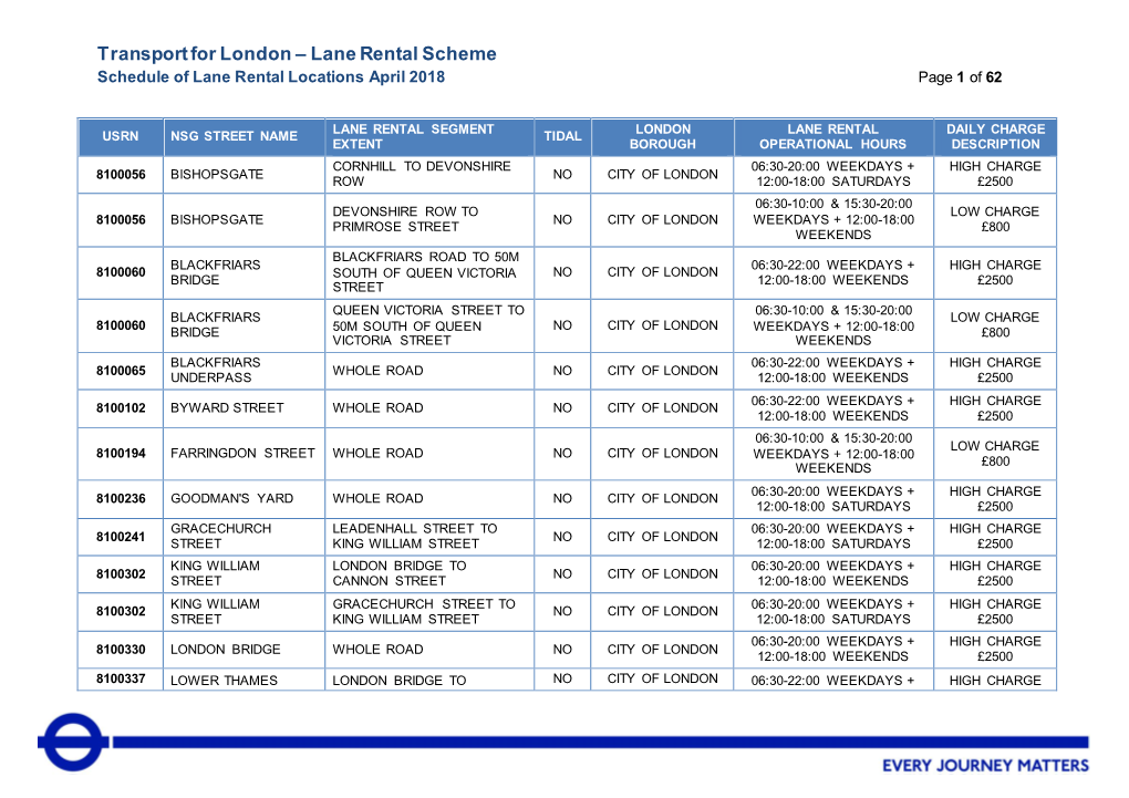 Schedule of Lane Rental Locations April 2018 Page 1 of 62