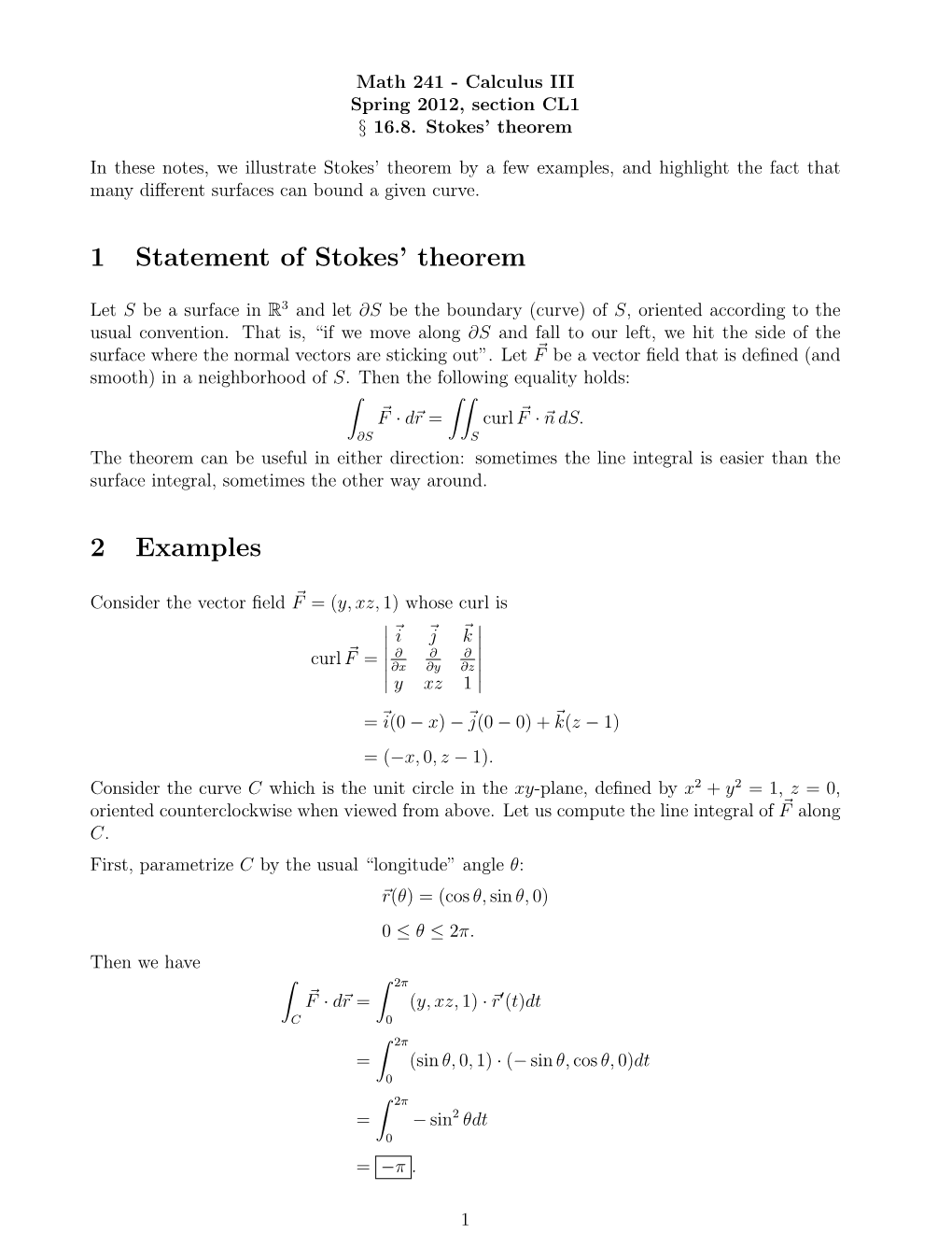 1 Statement of Stokes' Theorem 2 Examples
