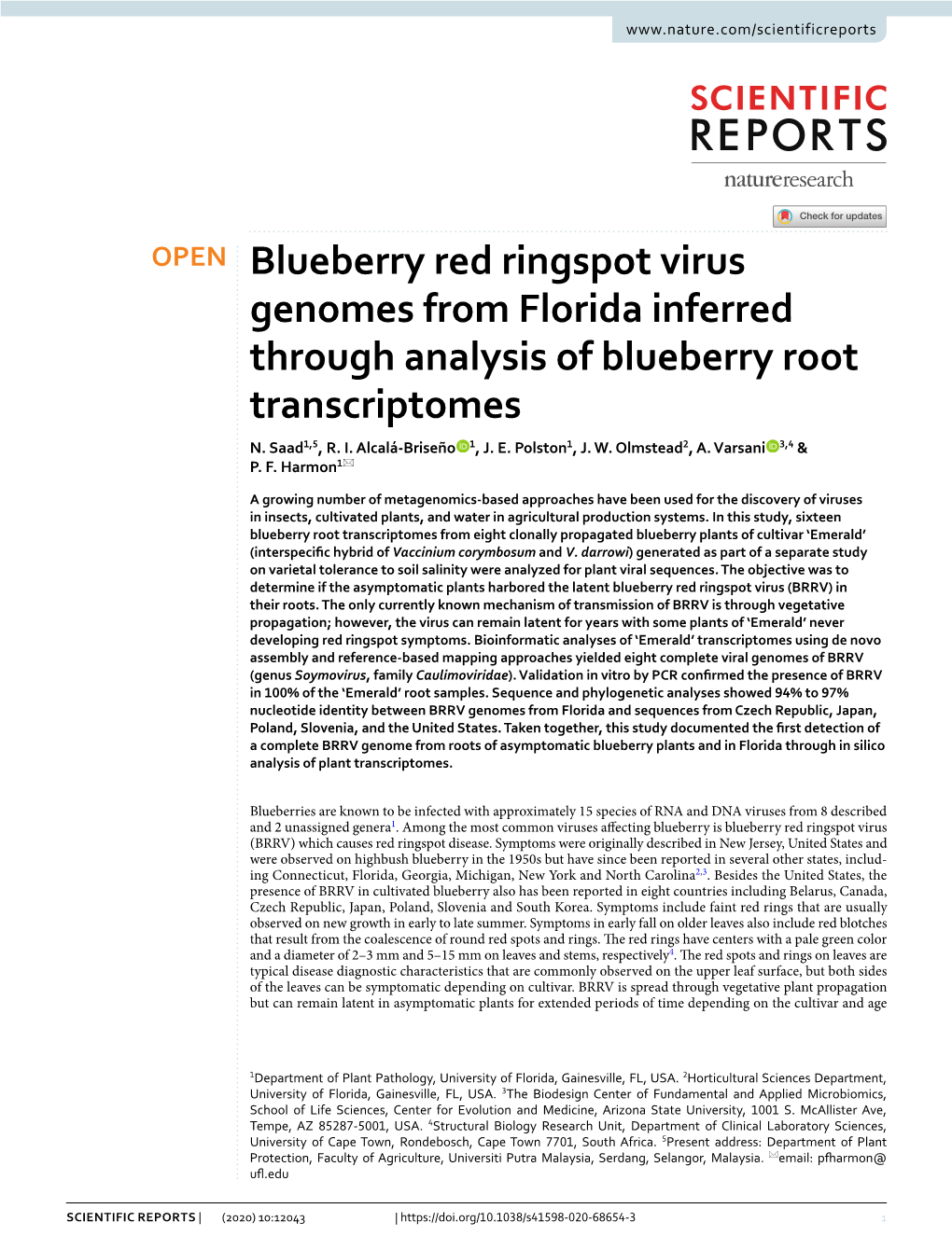 Blueberry Red Ringspot Virus Genomes from Florida Inferred Through Analysis of Blueberry Root Transcriptomes N