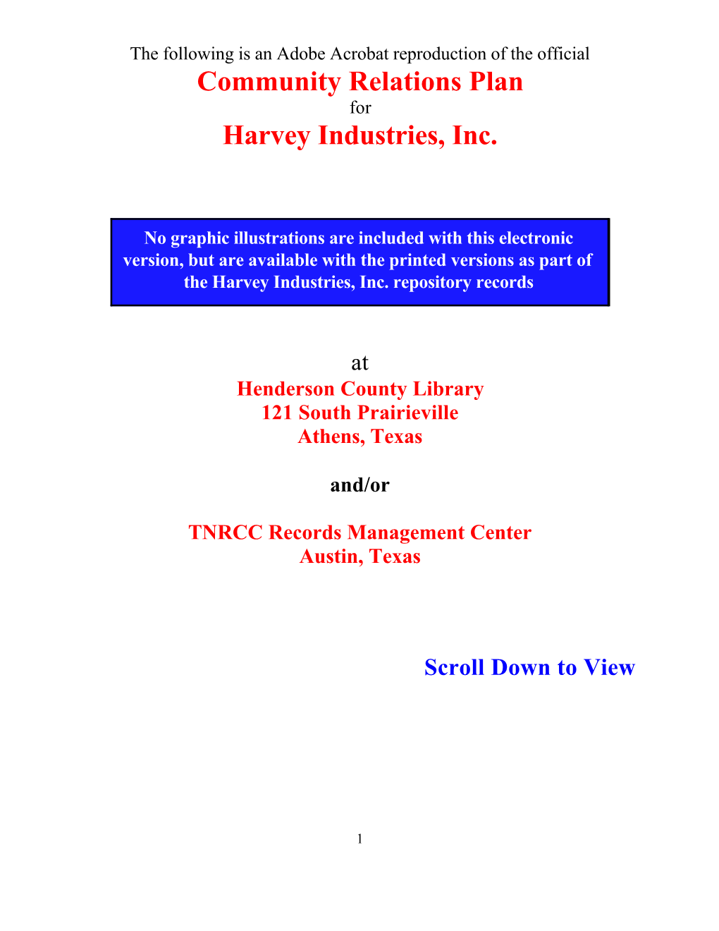 Community Relations Plan Harvey Industries, Inc