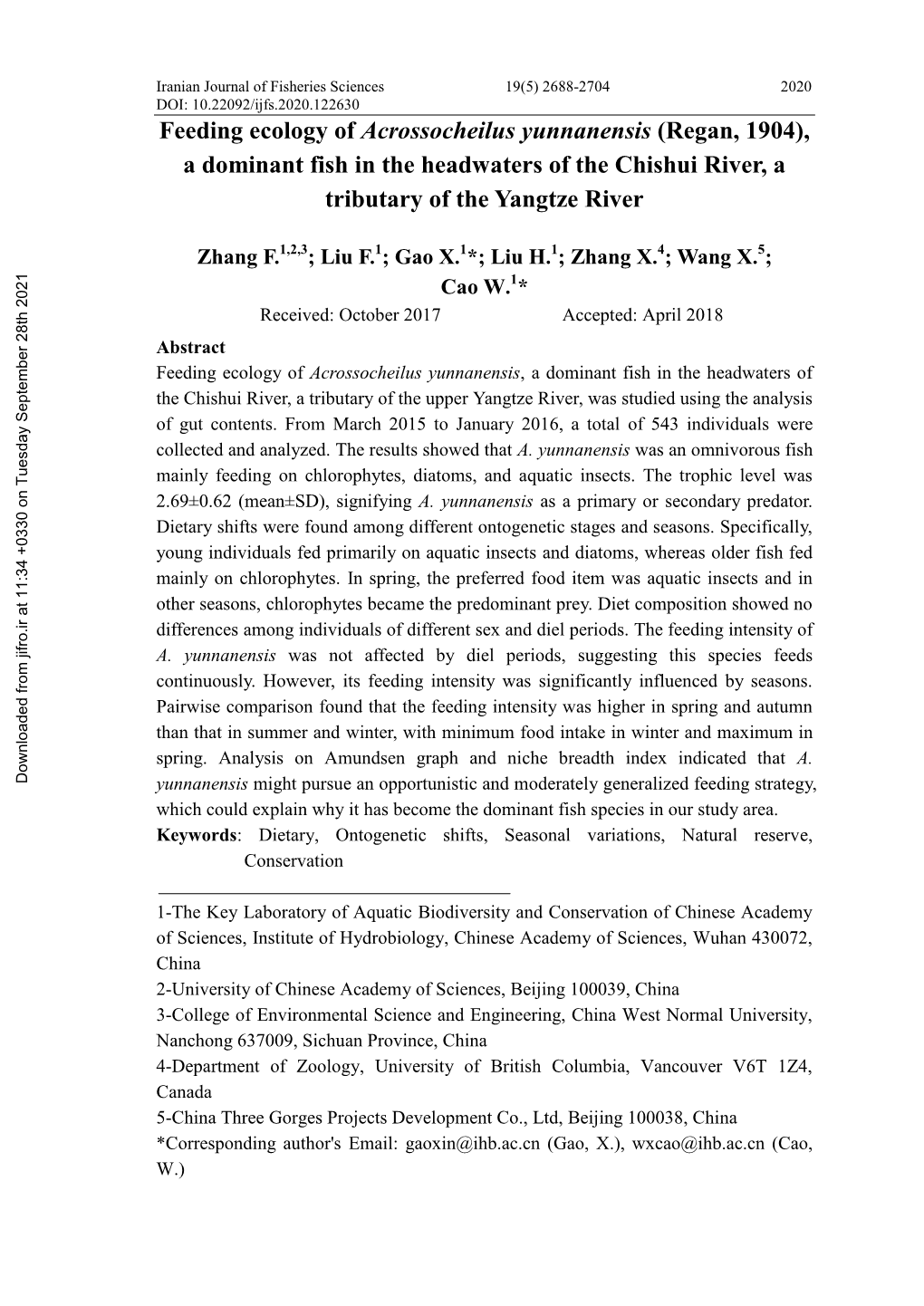 Feeding Ecology of Acrossocheilus Yunnanensis (Regan, 1904), a Dominant Fish in the Headwaters of the Chishui River, a Tributary of the Yangtze River
