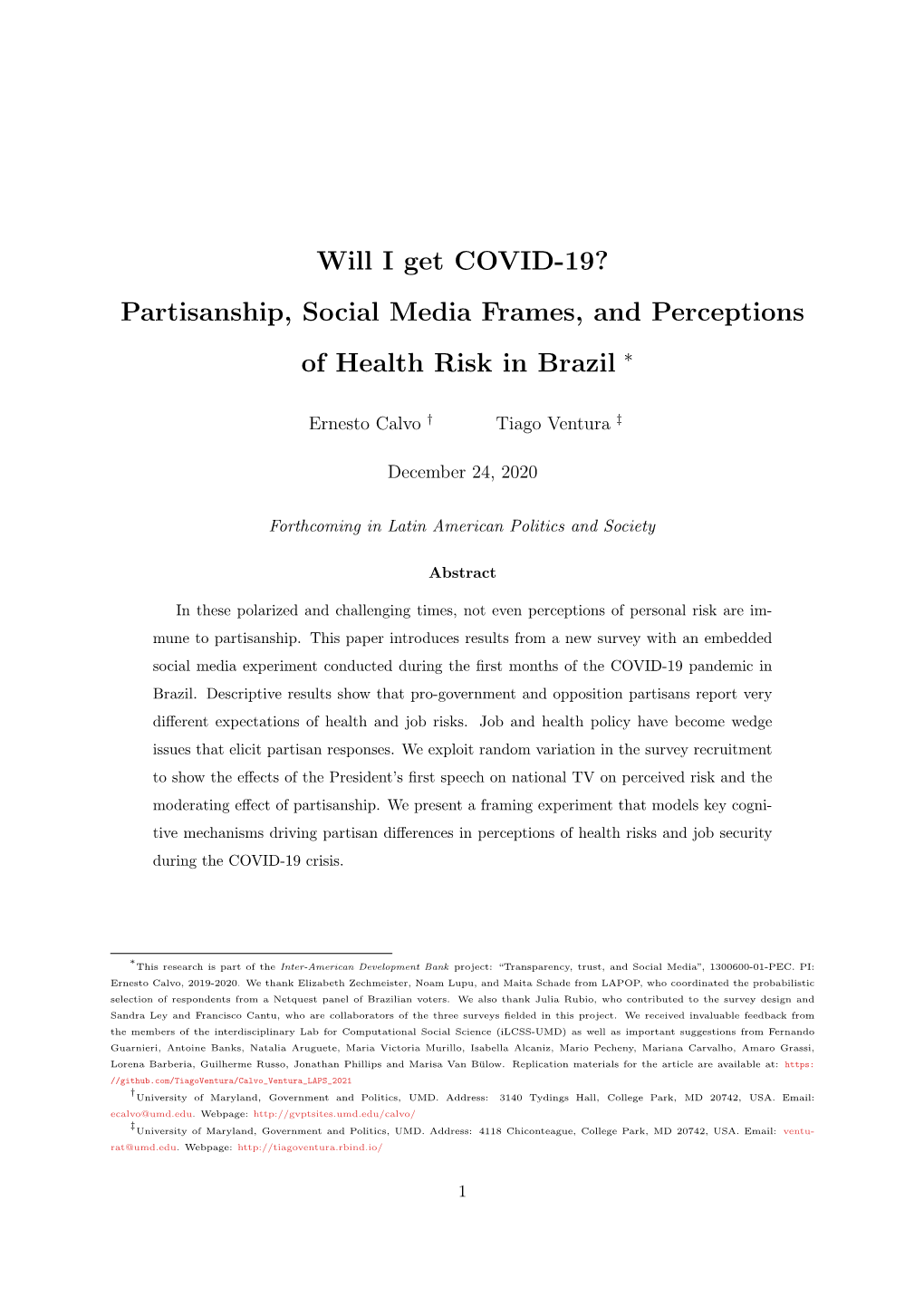 Will I Get COVID-19? Partisanship, Social Media Frames, and Perceptions of Health Risk in Brazil ∗