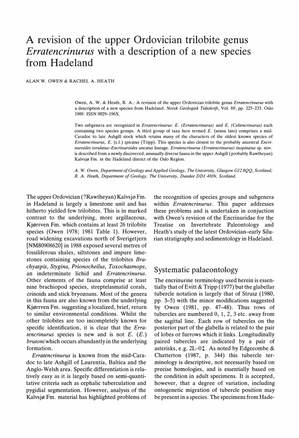 A Revision of the Upper Ordovician Trilobite Genus Erratencrinurus with a Description of a New Species from Hadeland