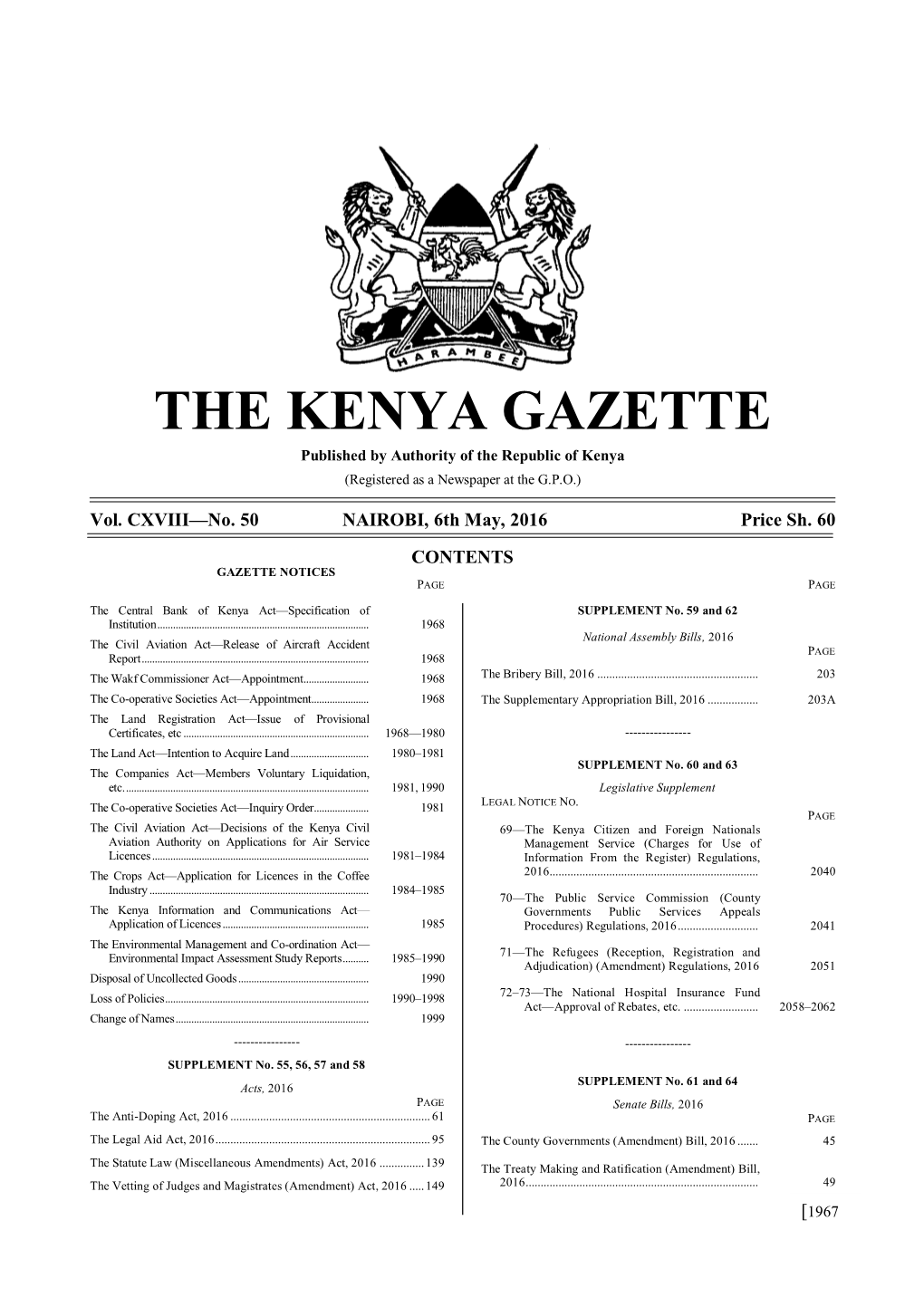 THE KENYA GAZETTE Published by Authority of the Republic of Kenya (Registered As a Newspaper at the G.P.O.)