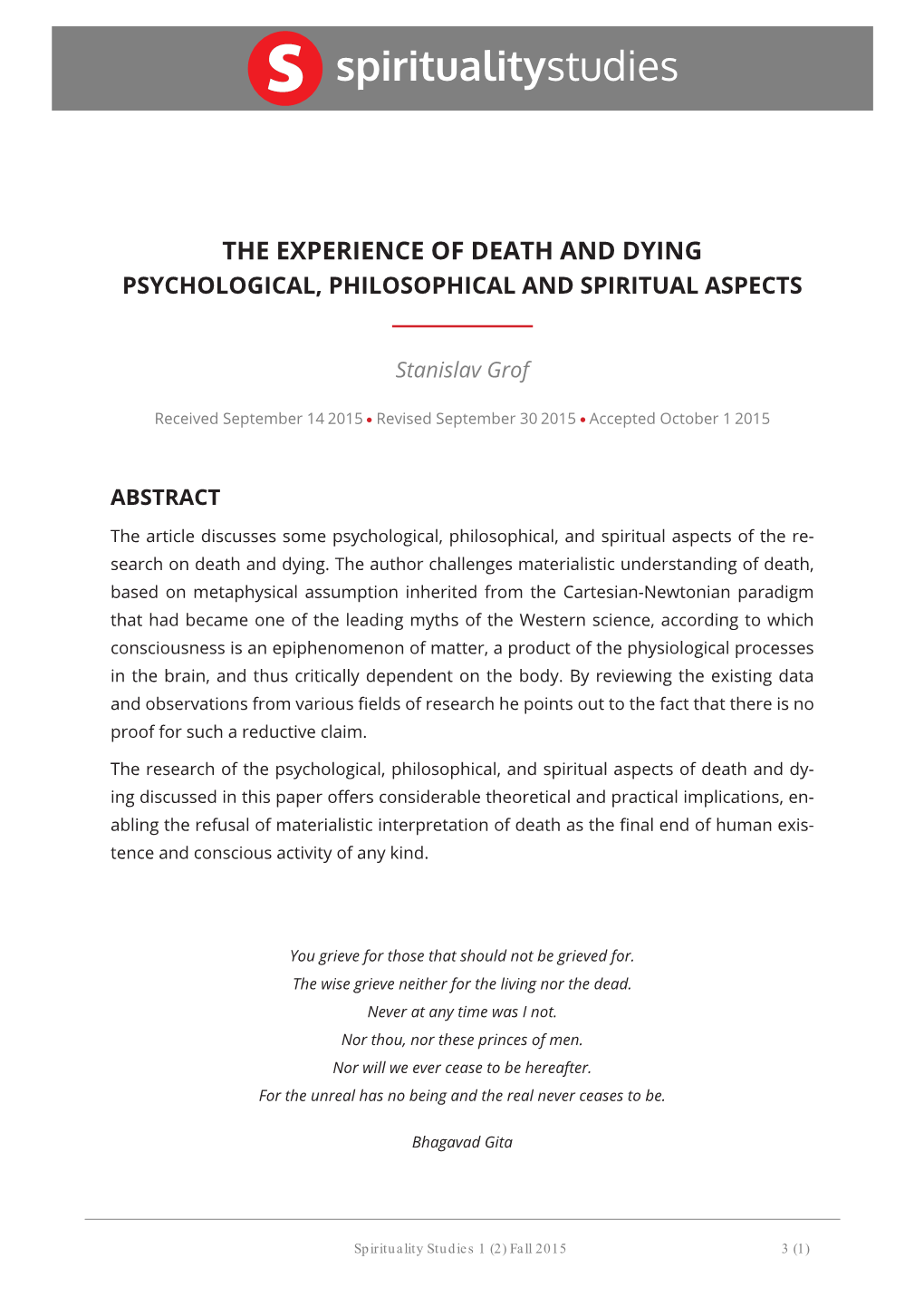 The Experience of Death and Dying Psychological, Philosophical and Spiritual Aspects