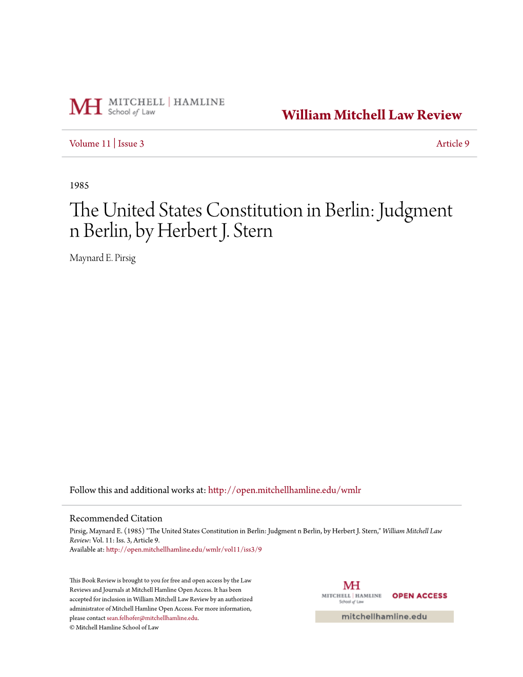The United States Constitution in Berlin: Judgment N Berlin, by Herbert J. Stern